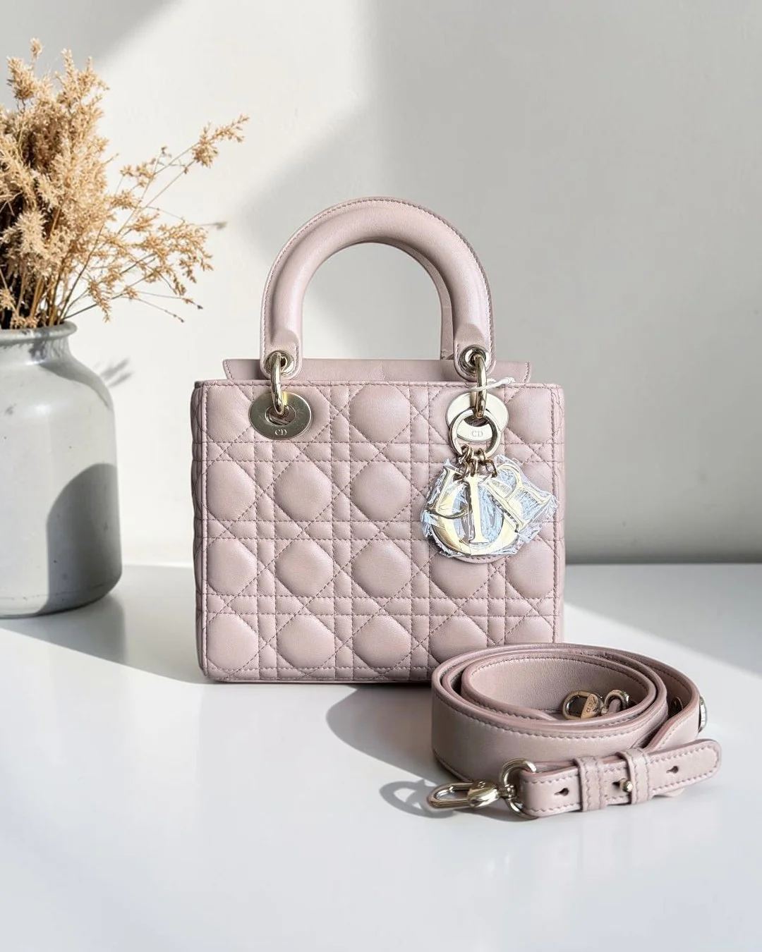 Dior Lady Small Flap - Cannage Lambskin Blush Beige Gold Hardware