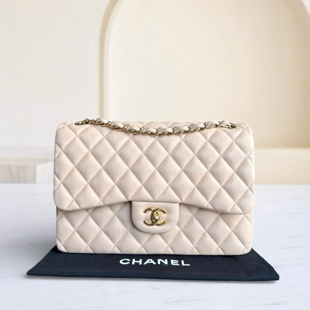 Chanel Classic Flap Jumbo - Double Flap 30CM Quilted Lambskin Beige Gold Hardware