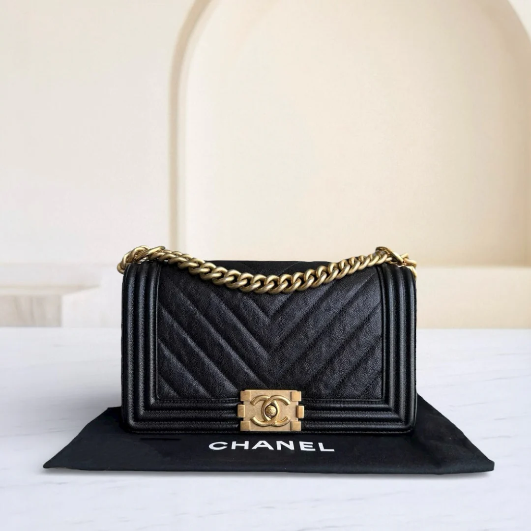 Chanel Boy Medium - Caviar 25CM Chevron Black Gold Hardware