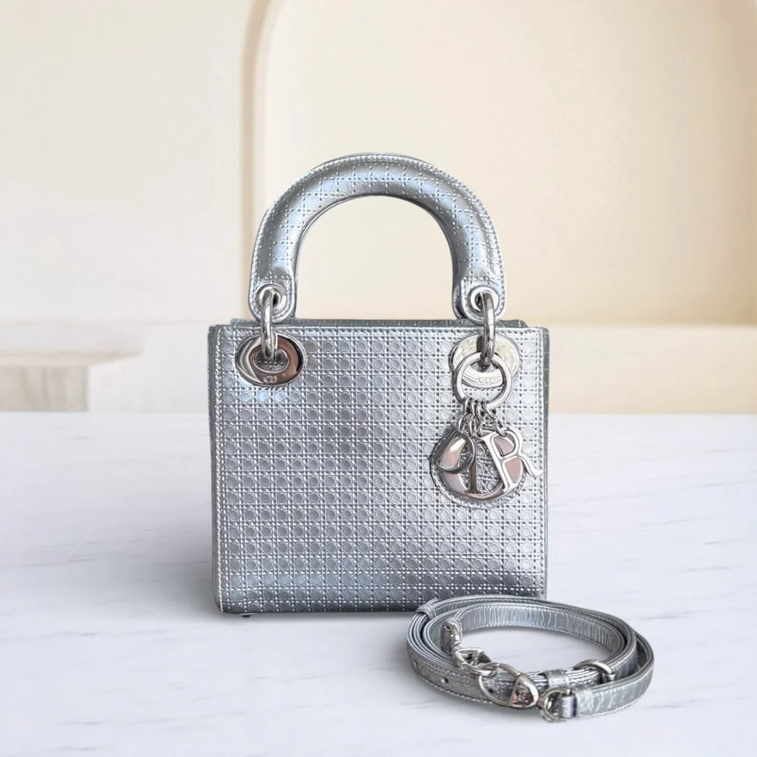 Dior Lady Mini - Micro Cannage Metallic Silver Hardware Adjustable Strap