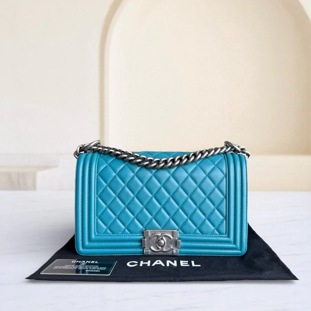 Chanel Boy Medium - 25CM Quilted Lambskin Blue Silver Hardware Series 19