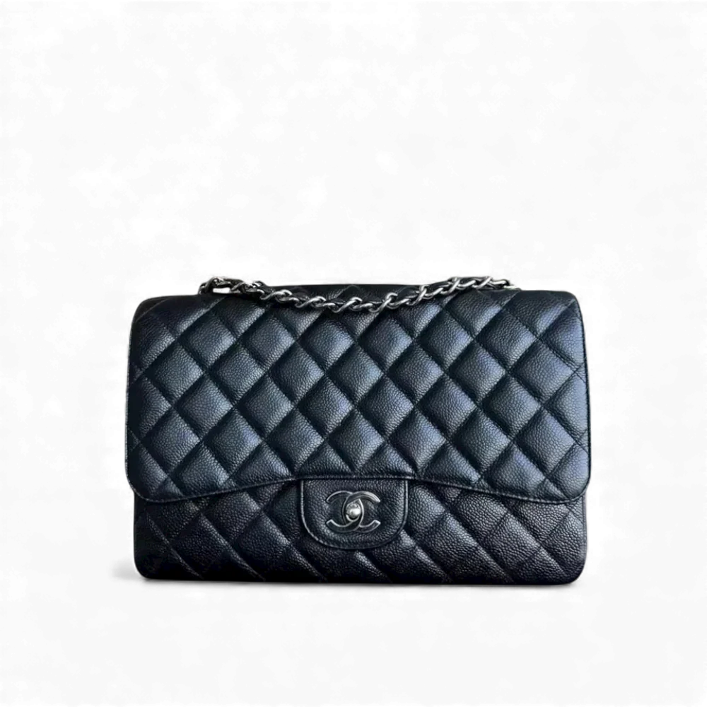 Chanel Caviar Jumbo Classic Flap Quilted Grained Calfskin Black Silver Hardware Series 13