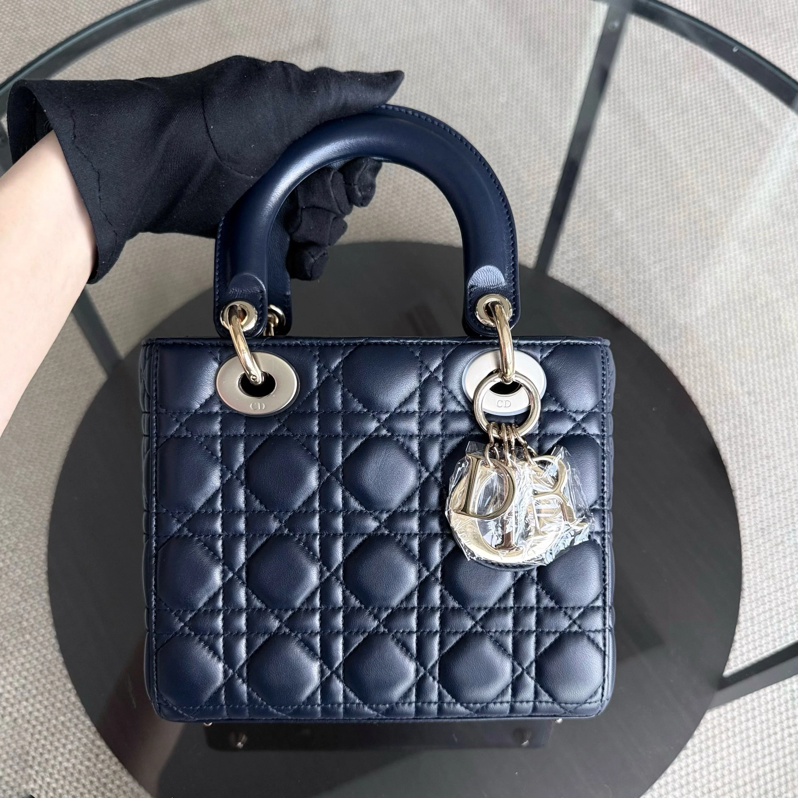 Dior Lady Small Flap - Cannage Lambskin Dark Navy Blue Gold Hardware with Charms