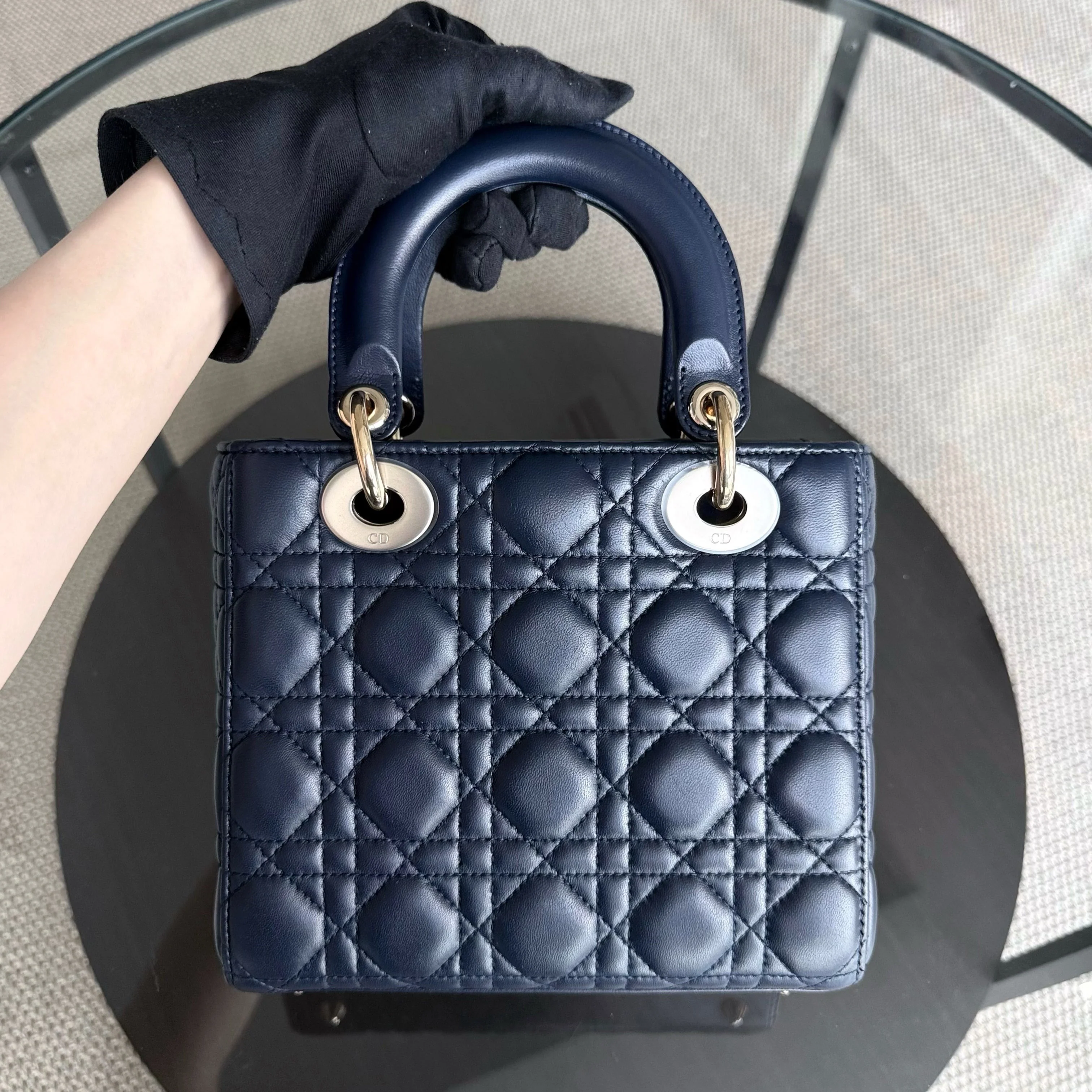 Dior Lady Small Flap - Cannage Lambskin Dark Navy Blue Gold Hardware with Charms