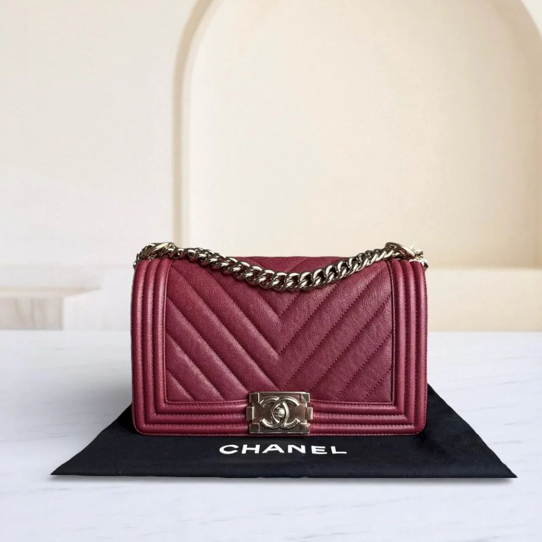 Chanel Boy Medium - Caviar 25CM Chevron Red Gold Hardware Series 28