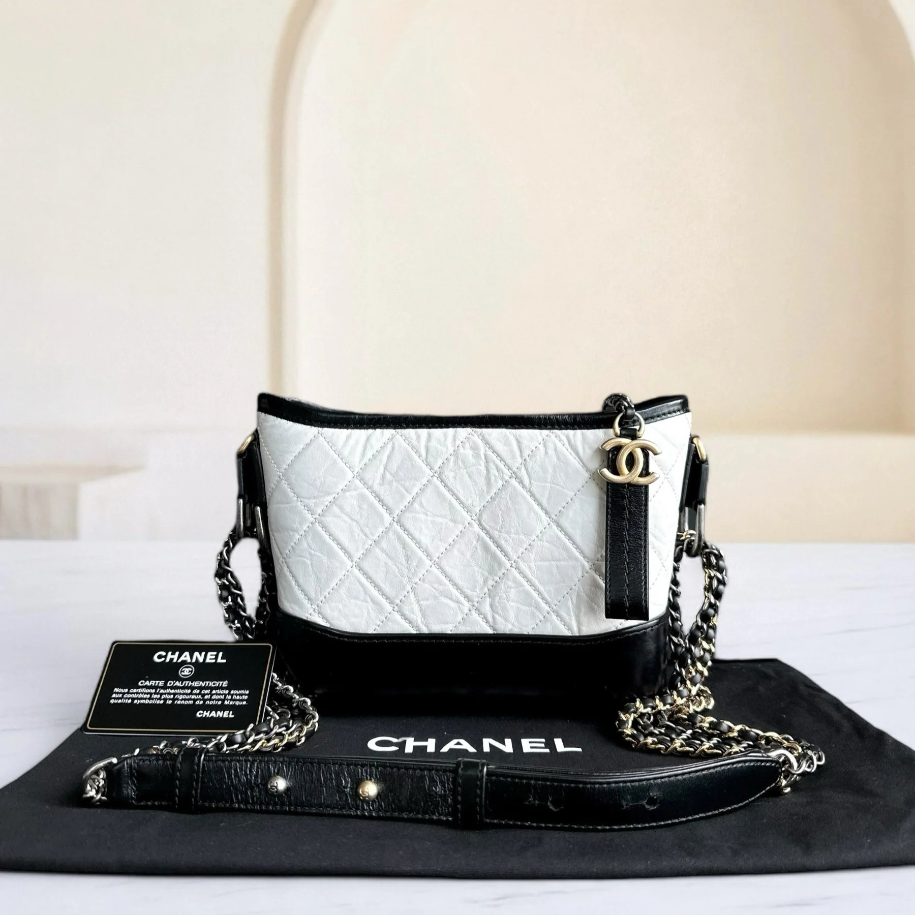 Chanel Small Gabrielle Hobo Quilted Calfskin Black White Two-tone Hardware