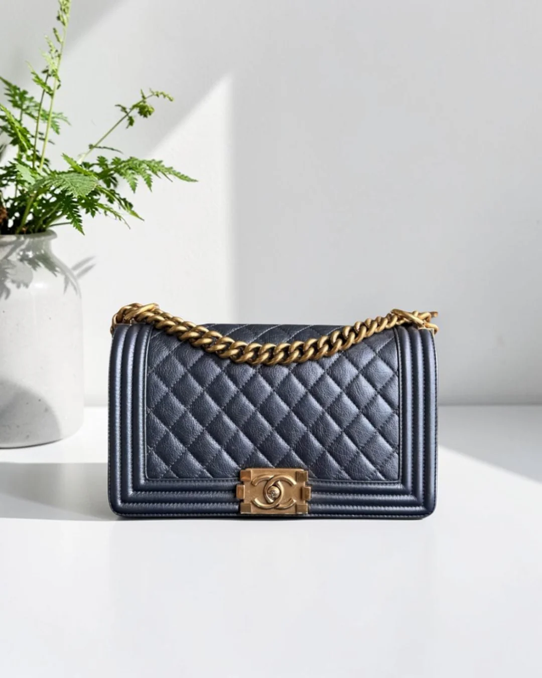 Chanel Boy Medium - Calfskin 25CM Quilted Iridescent Charcoal Black Aged Gold Hardware Series 20