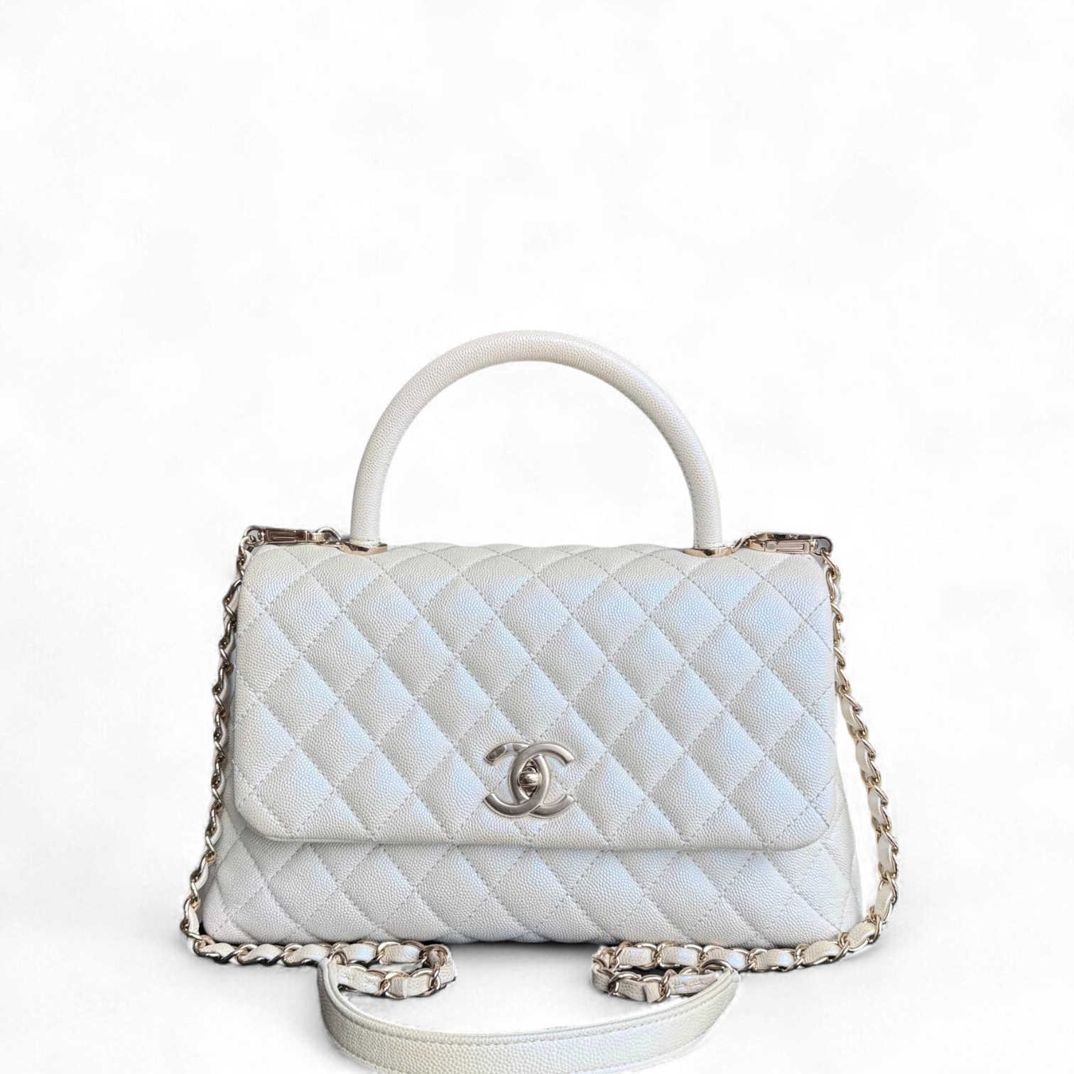 Chanel Coco Handle Medium - Caviar 29CM Quilted Irridescent Pearl White Gold Hardware Series 30