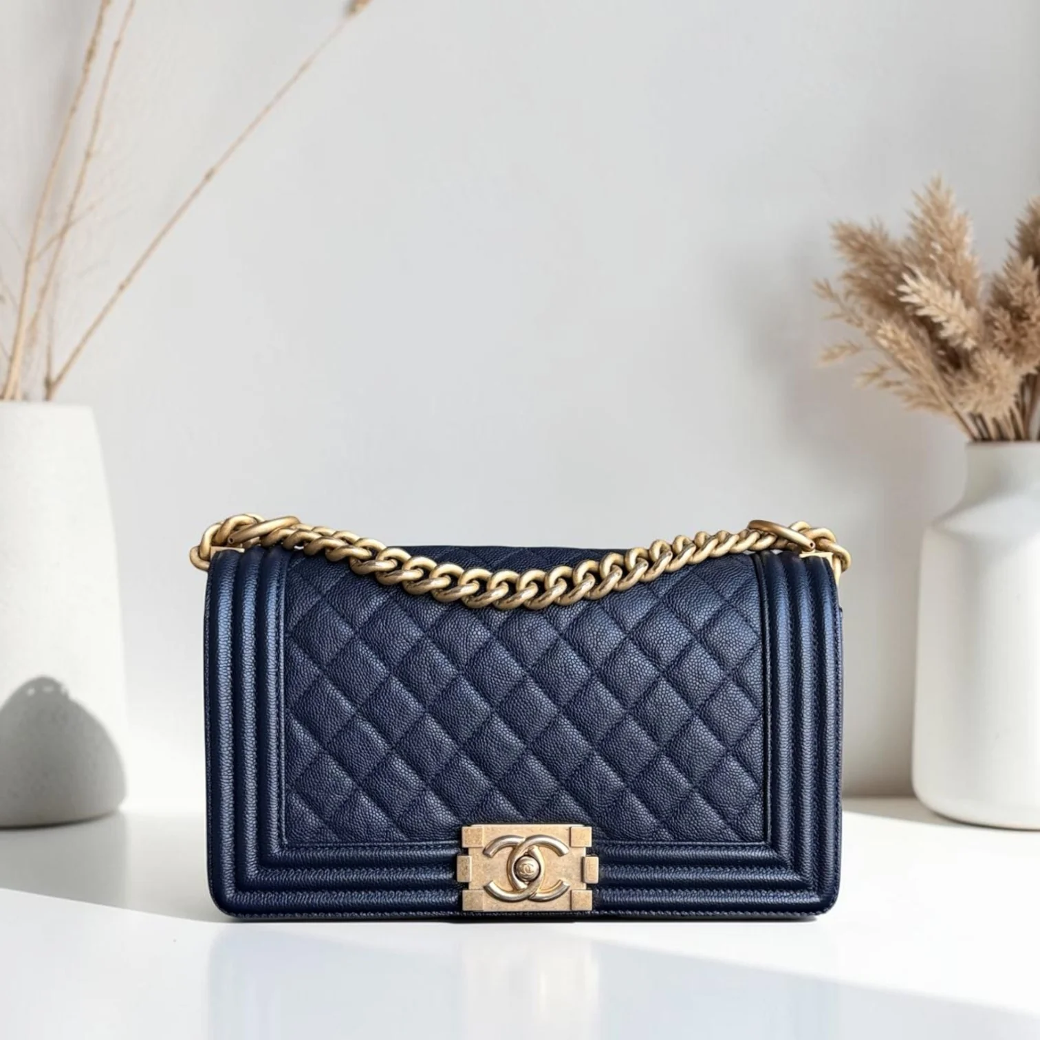 Chanel Boy Medium - Caviar 25CM Quilted Dark Blue Gold Hardware Series 25