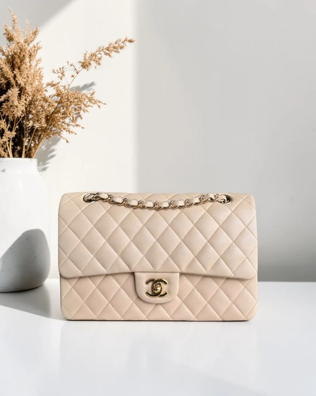 Chanel Classic Flap Medium - 25CM Quilted Lambskin Beige Gold Hardware