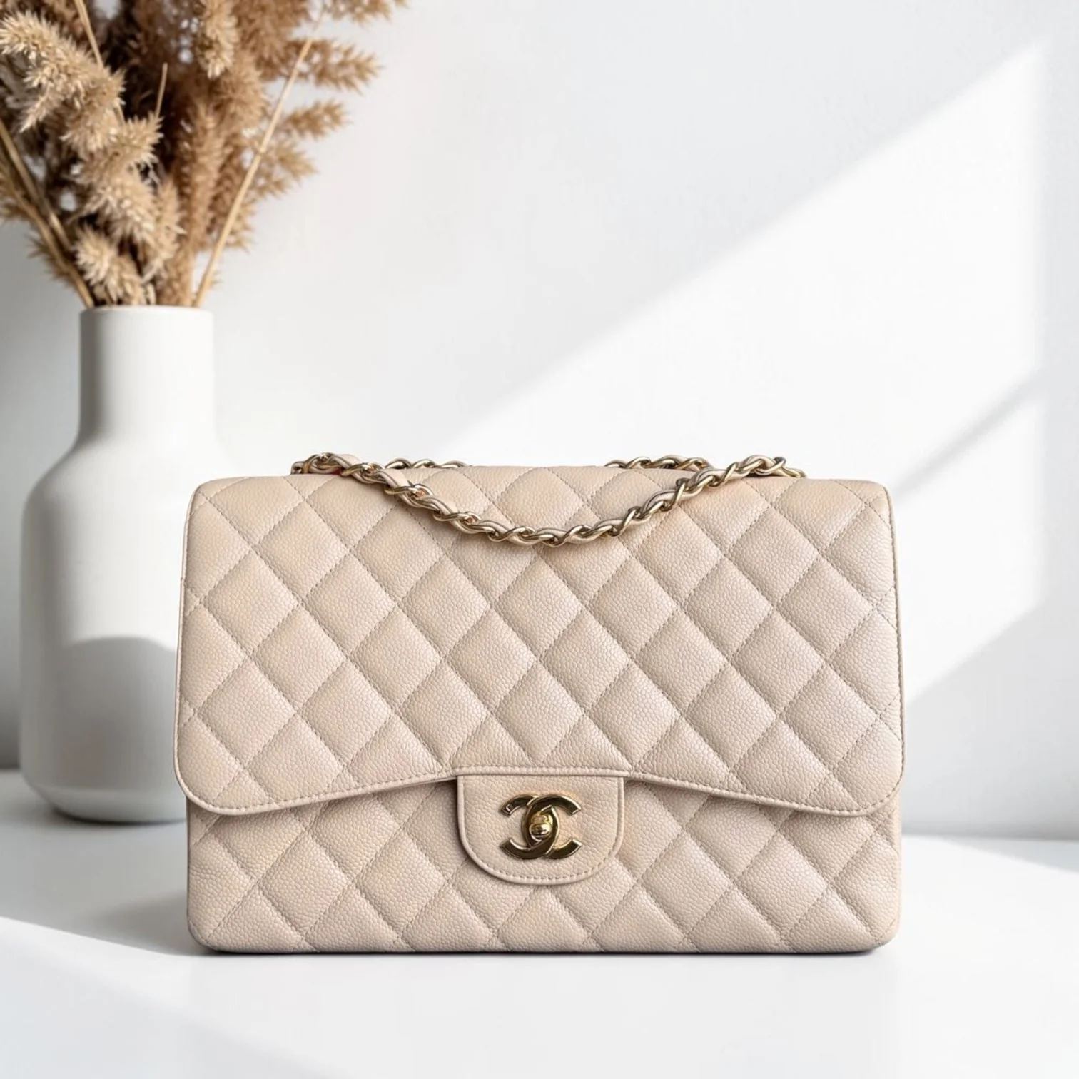 Chanel Classic Flap Jumbo - Caviar 30CM Single Flap Quilted Beige 24K Gold Hardware Series 12