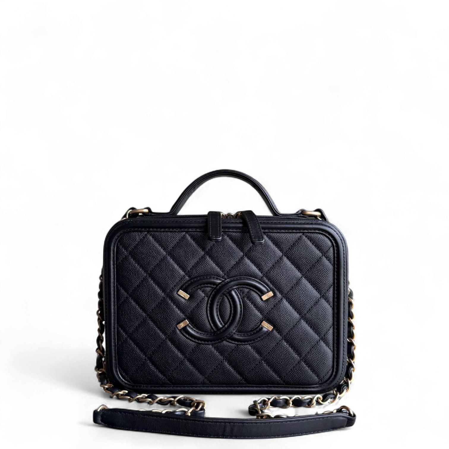 Chanel Filigree Vanity Case Medium - Caviar Quilted Grained Calfskin Black Gold Hardware Series 25