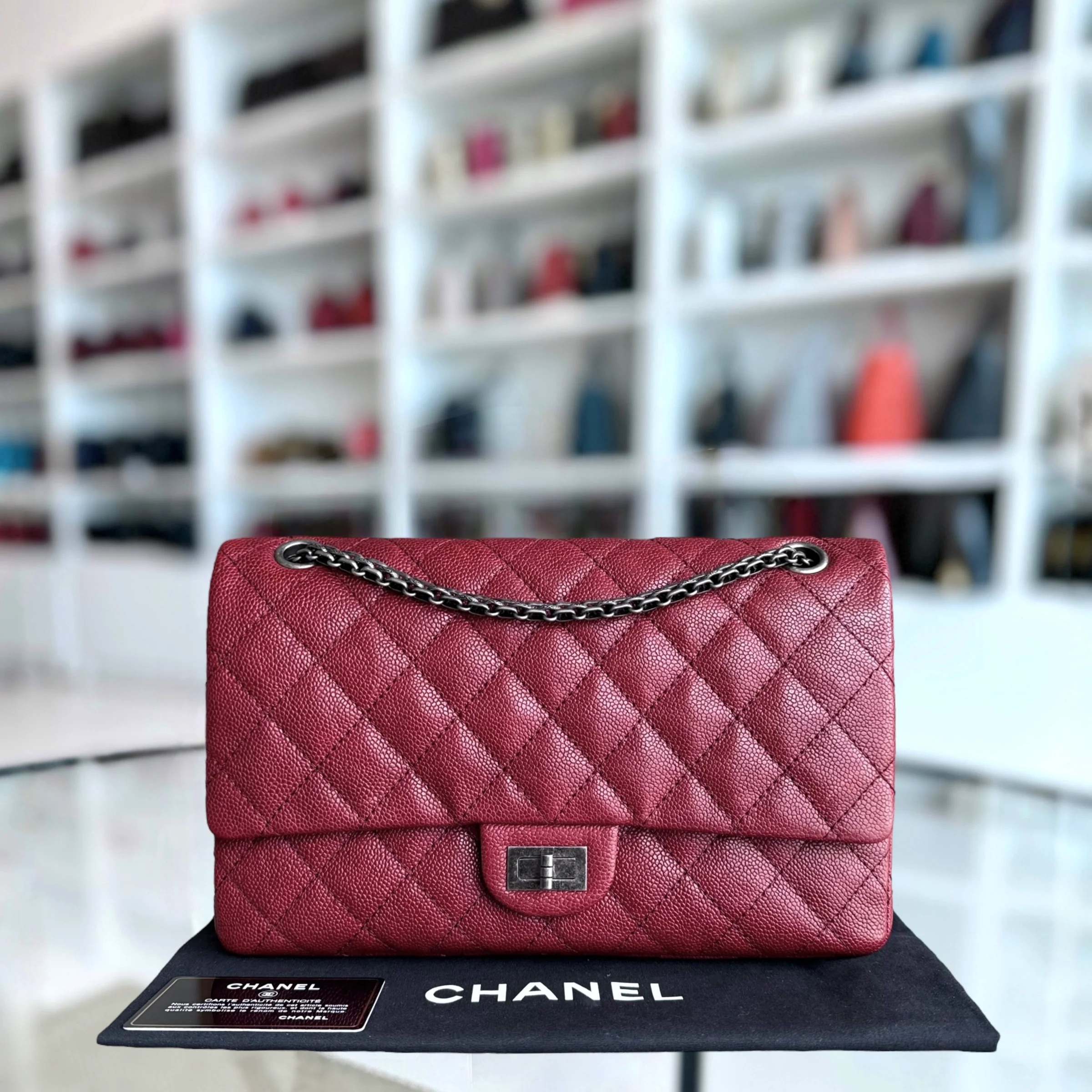 Chanel 2.55 Reissue 226 Medium - Caviar 28CM Quilted Dark Red Burgundy Ruthenium Silver Hardware Series 14