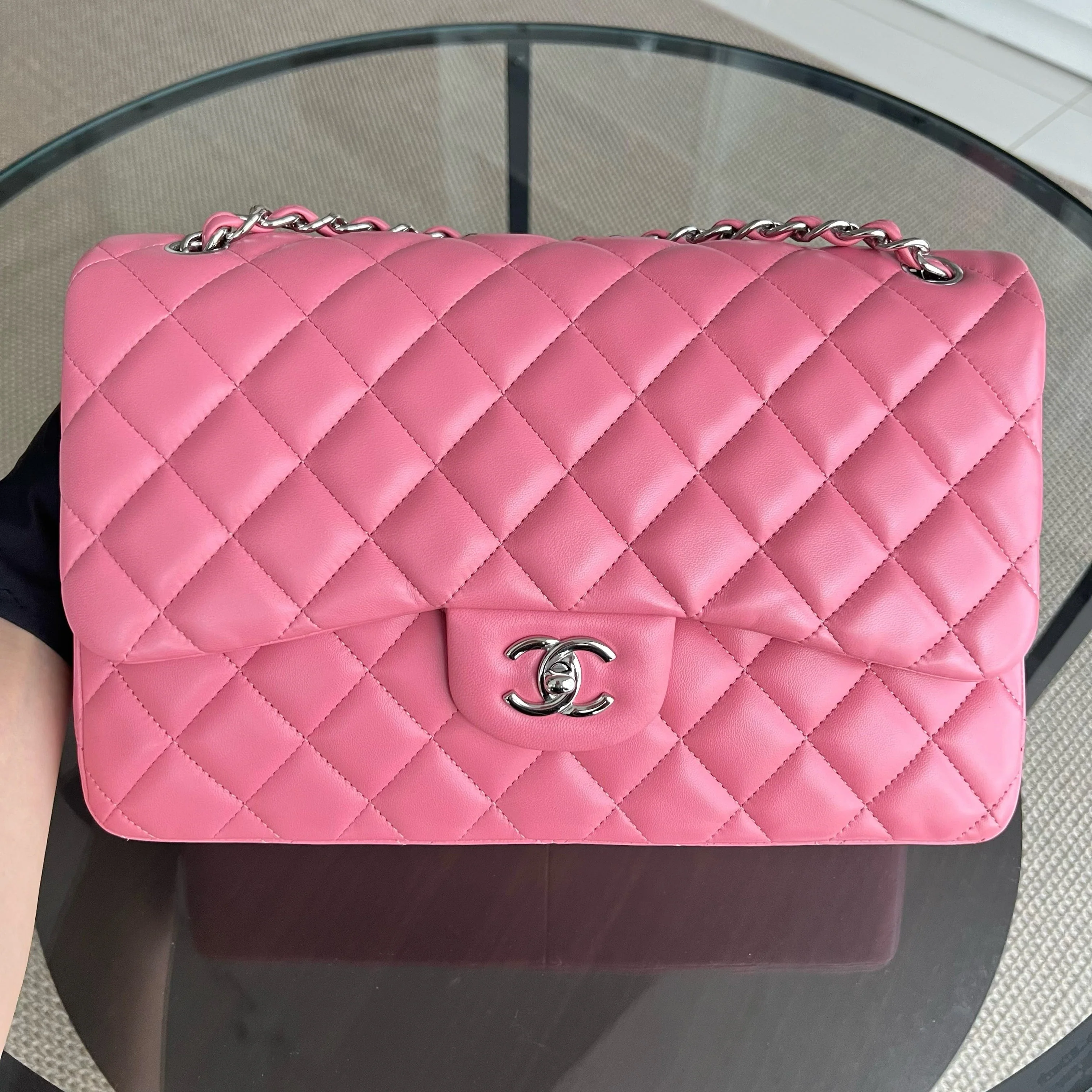 Chanel Classic Flap Jumbo - Double Flap 30CM Quilted Lambskin Sakura Pink Silver Hardware Series 18