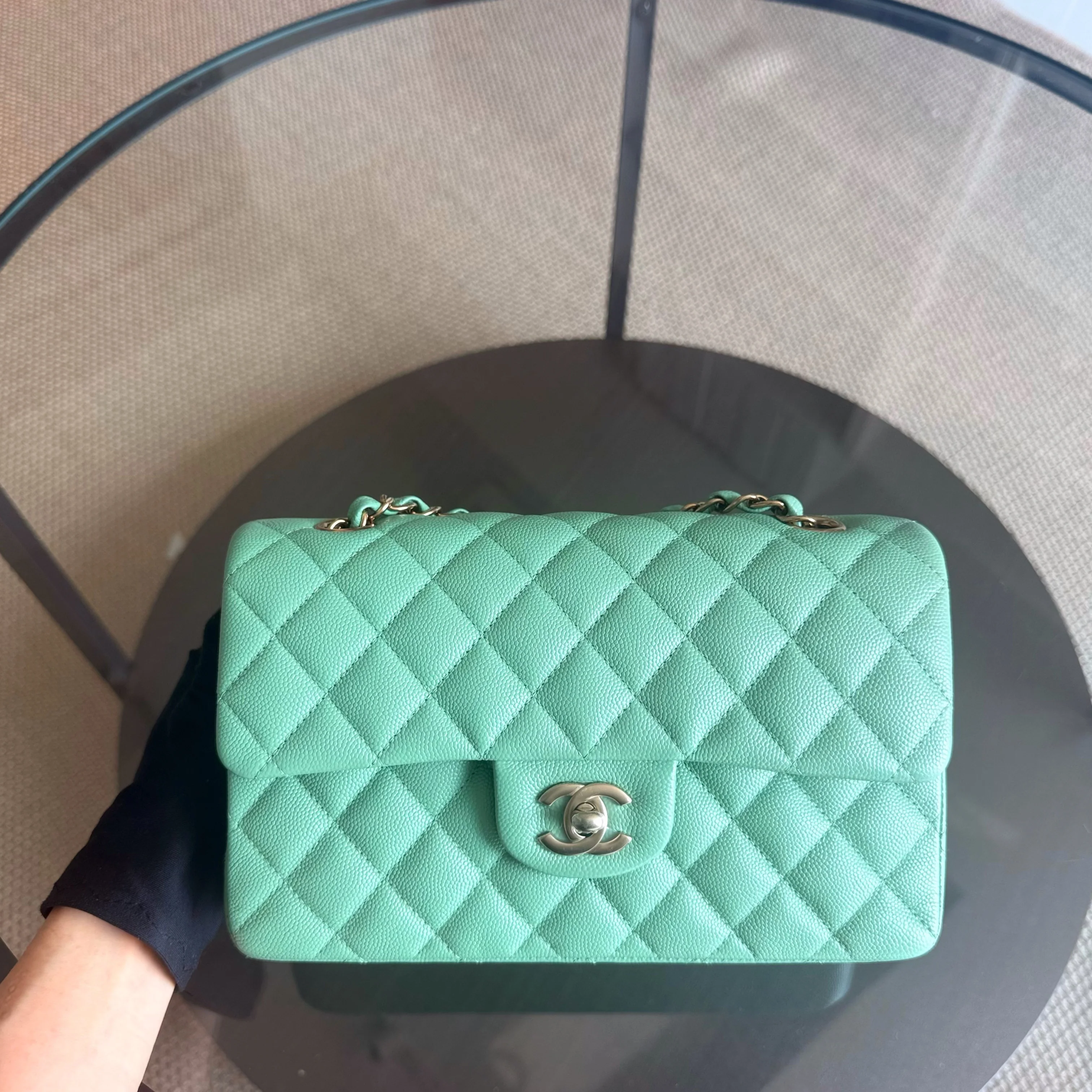 Chanel Classic Flap Small - Caviar 23CM Quilted Grained Calfskin Light Green Light Gold Hardware Microchip