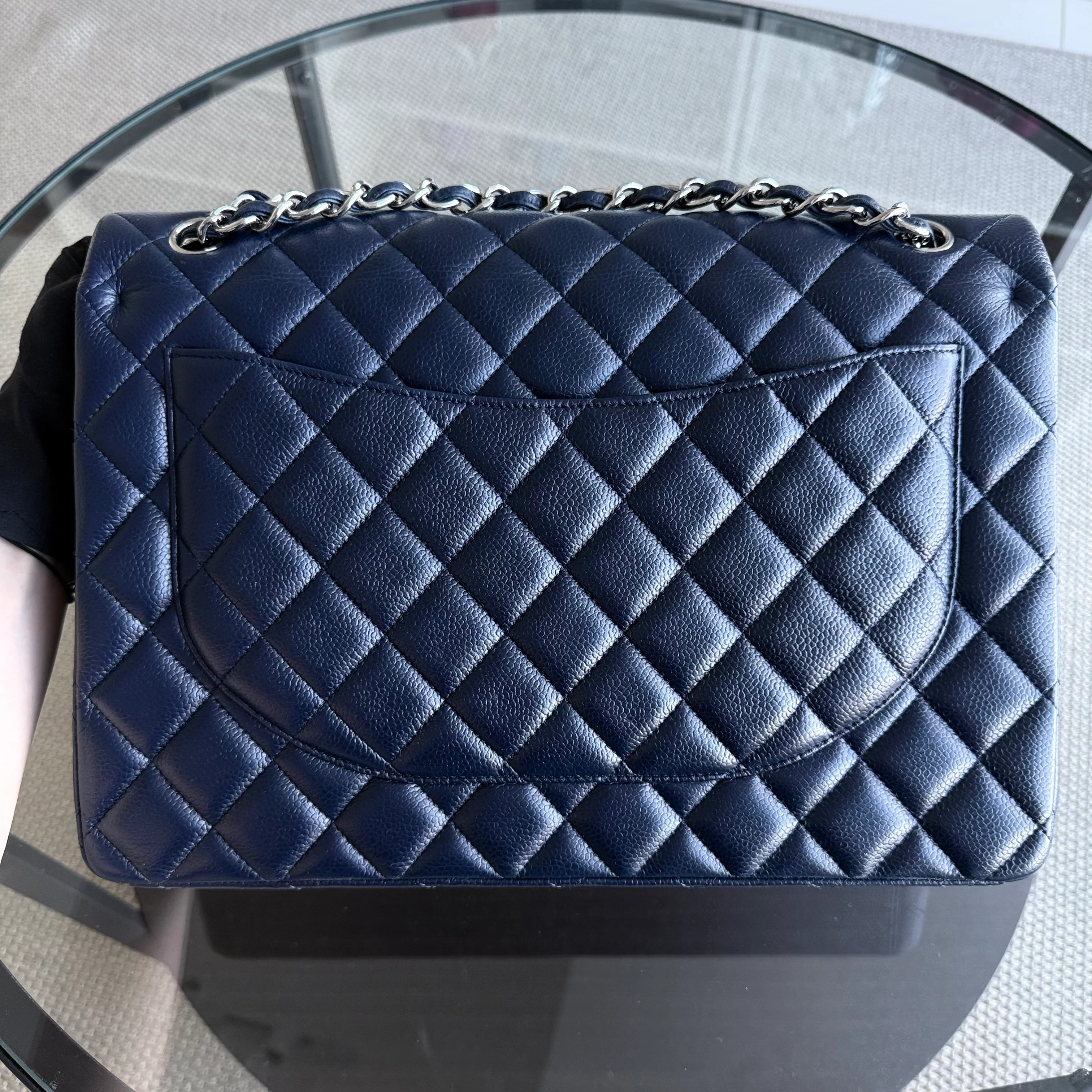 Chanel Classic Flap Maxi - Caviar 33CM Double Flap Quilted Dark Navy Blue Silver Hardware Series 15