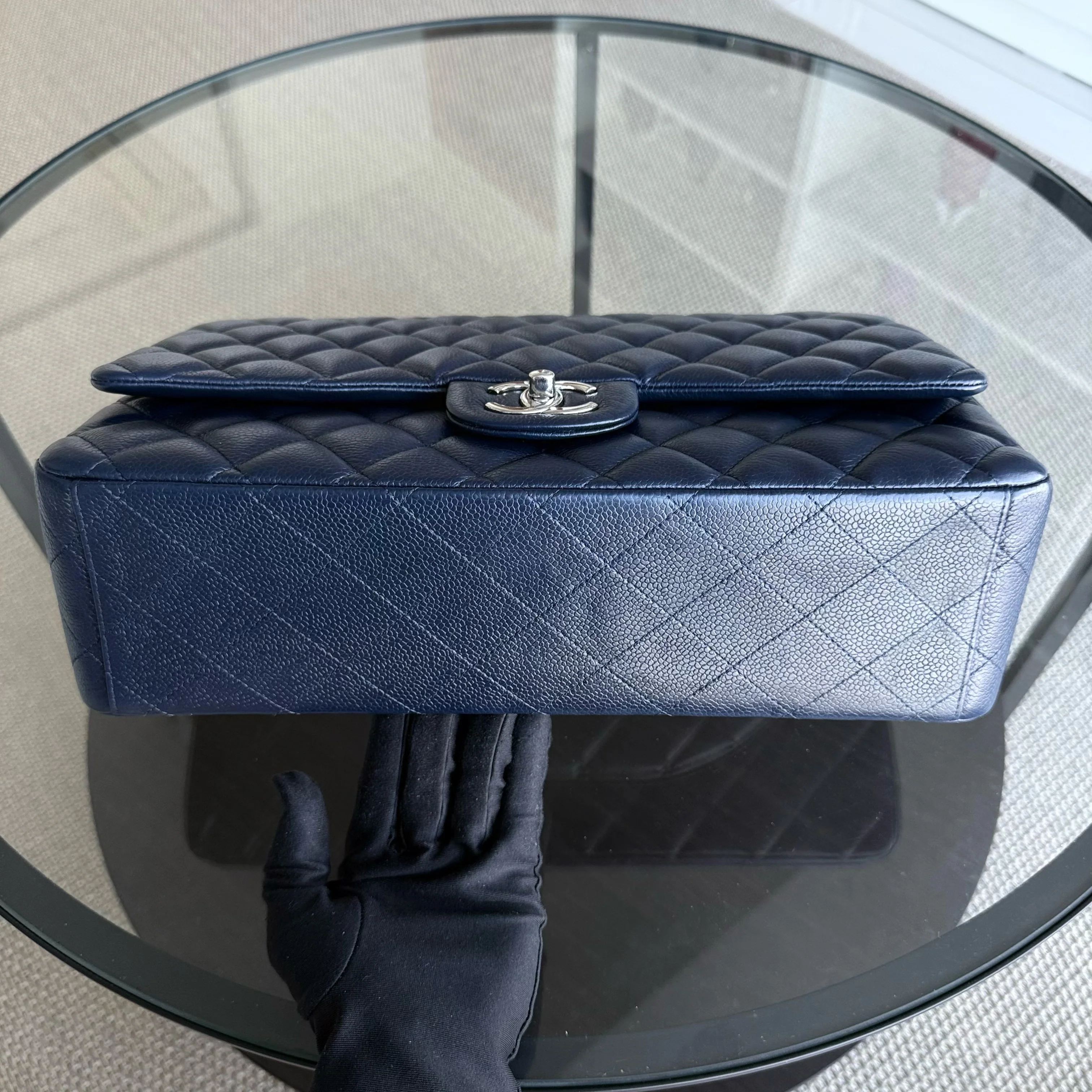 Chanel Classic Flap Maxi - Caviar 33CM Double Flap Quilted Dark Navy Blue Silver Hardware Series 15