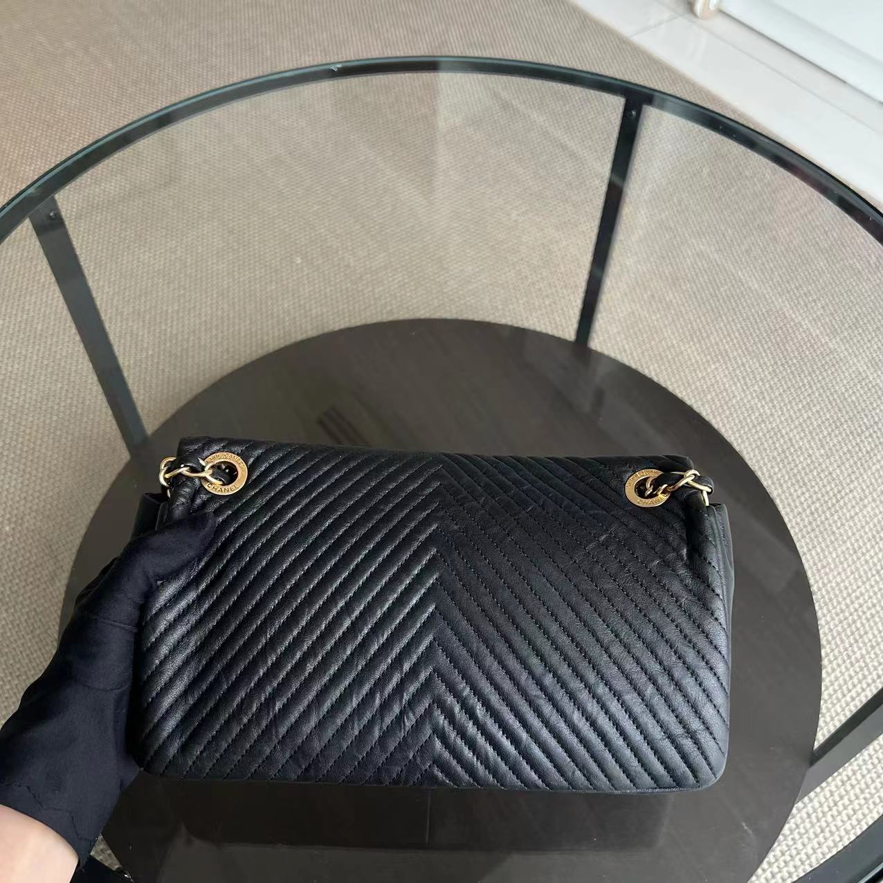 Chanel Herringbone - Medium Seasonal Flap Black Aged Calfskin Golden Hardware Series 19