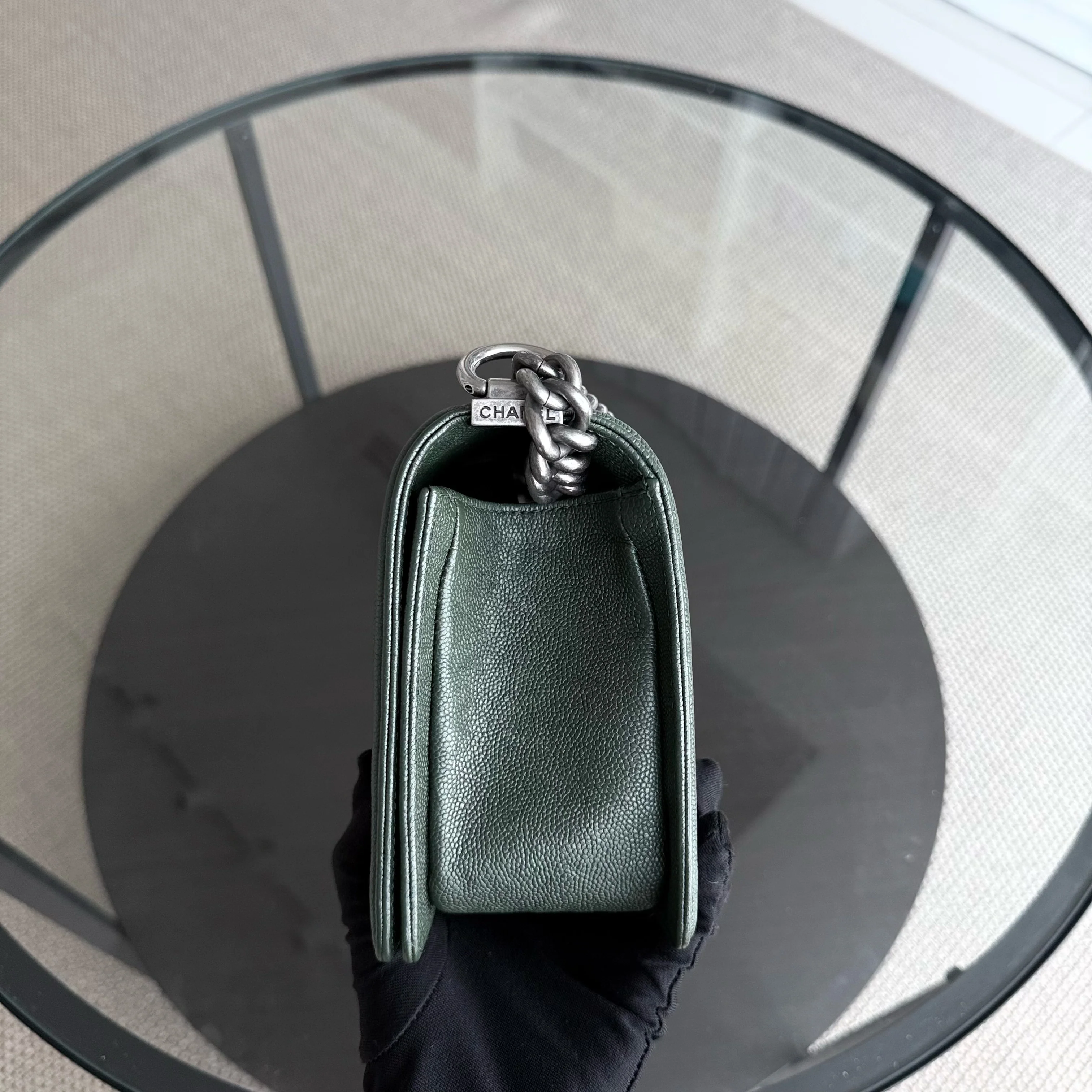 Chanel Boy Medium - Caviar 25CM Chevron Dark Green Ruthenium Silver Hardware Series 26