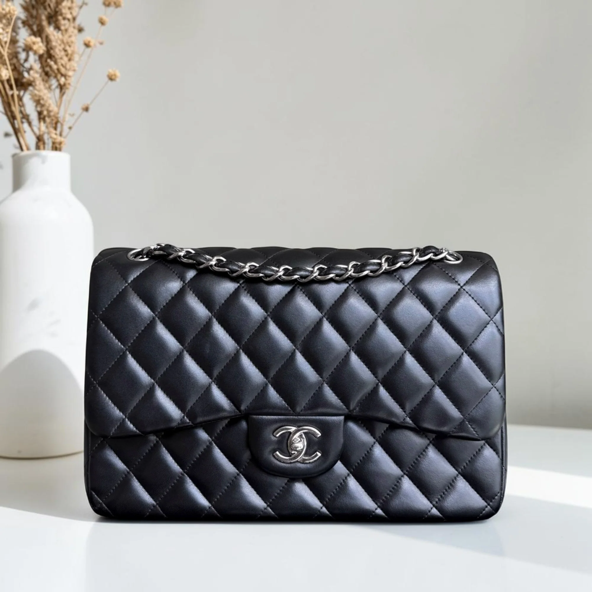 Chanel Classic Flap Jumbo - Double Flap 30CM Quilted Lambskin Black Silver Hardware