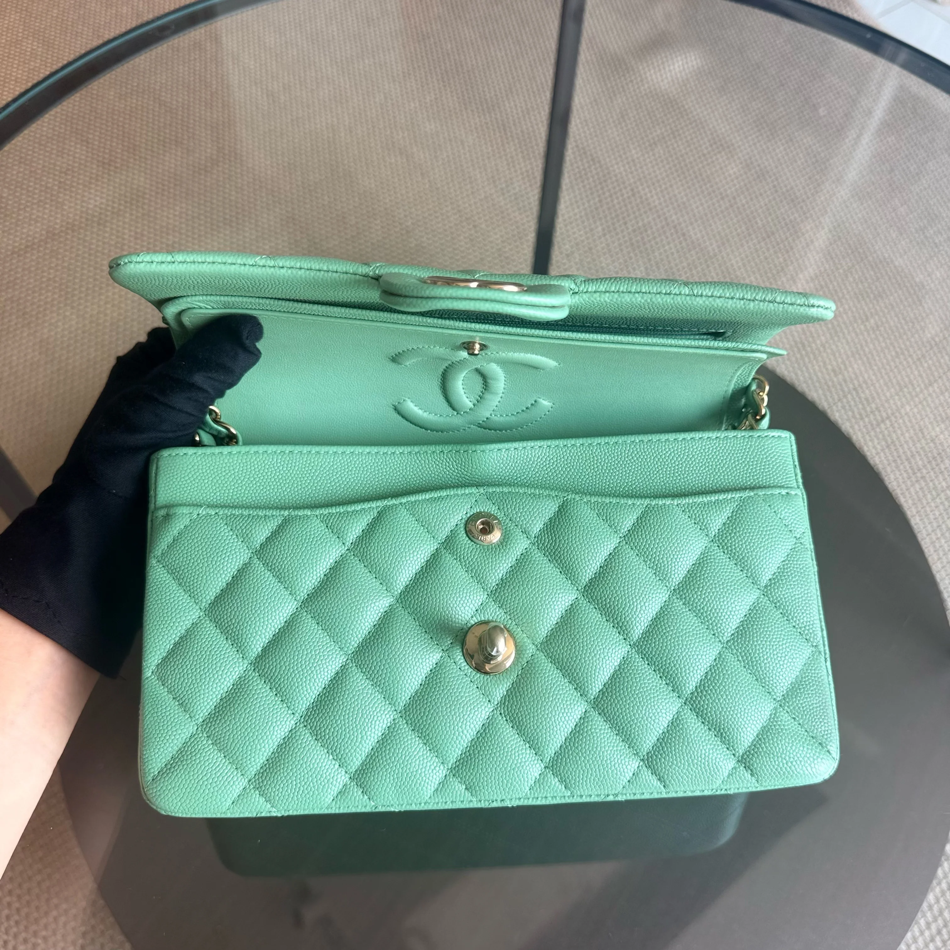 Chanel Classic Flap Small - Caviar 23CM Quilted Grained Calfskin Light Green Light Gold Hardware Microchip