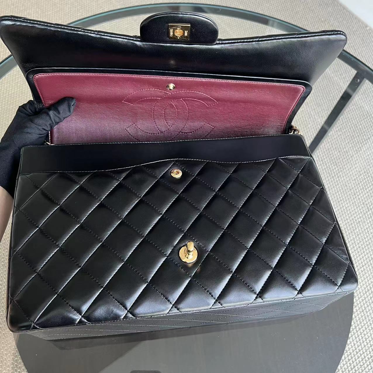 Maxi Classic Flap Double Flap Quilted Lambskin Black Golden Hardware Series 14