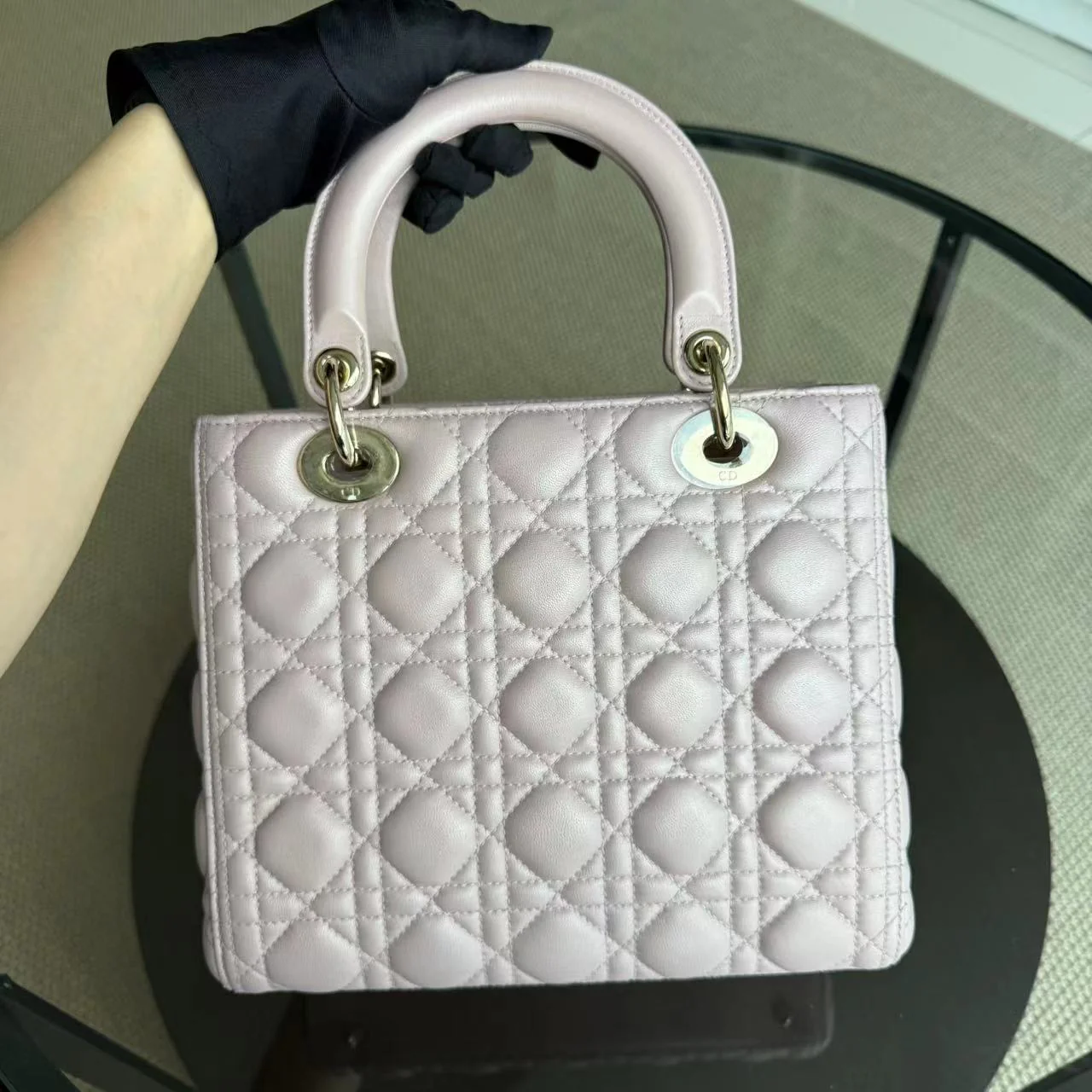 *Adjustable Strap* Dior Lady Medium - Iridescent Cannage Lambskin Light Pink Golden Hardware