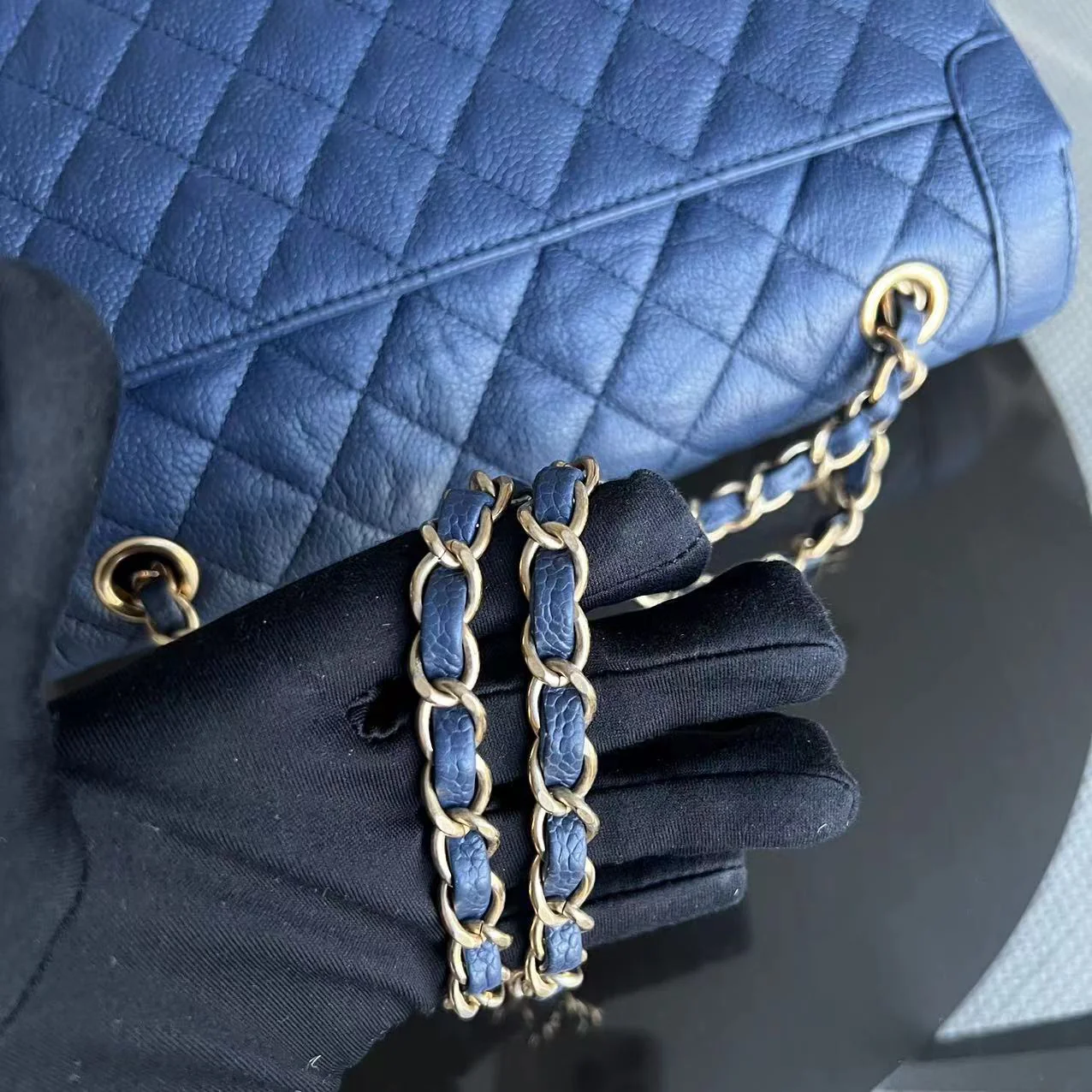 Crumpled Two Tone Flap Grained Calfskin Navy Blue Golden Hardware Series 21