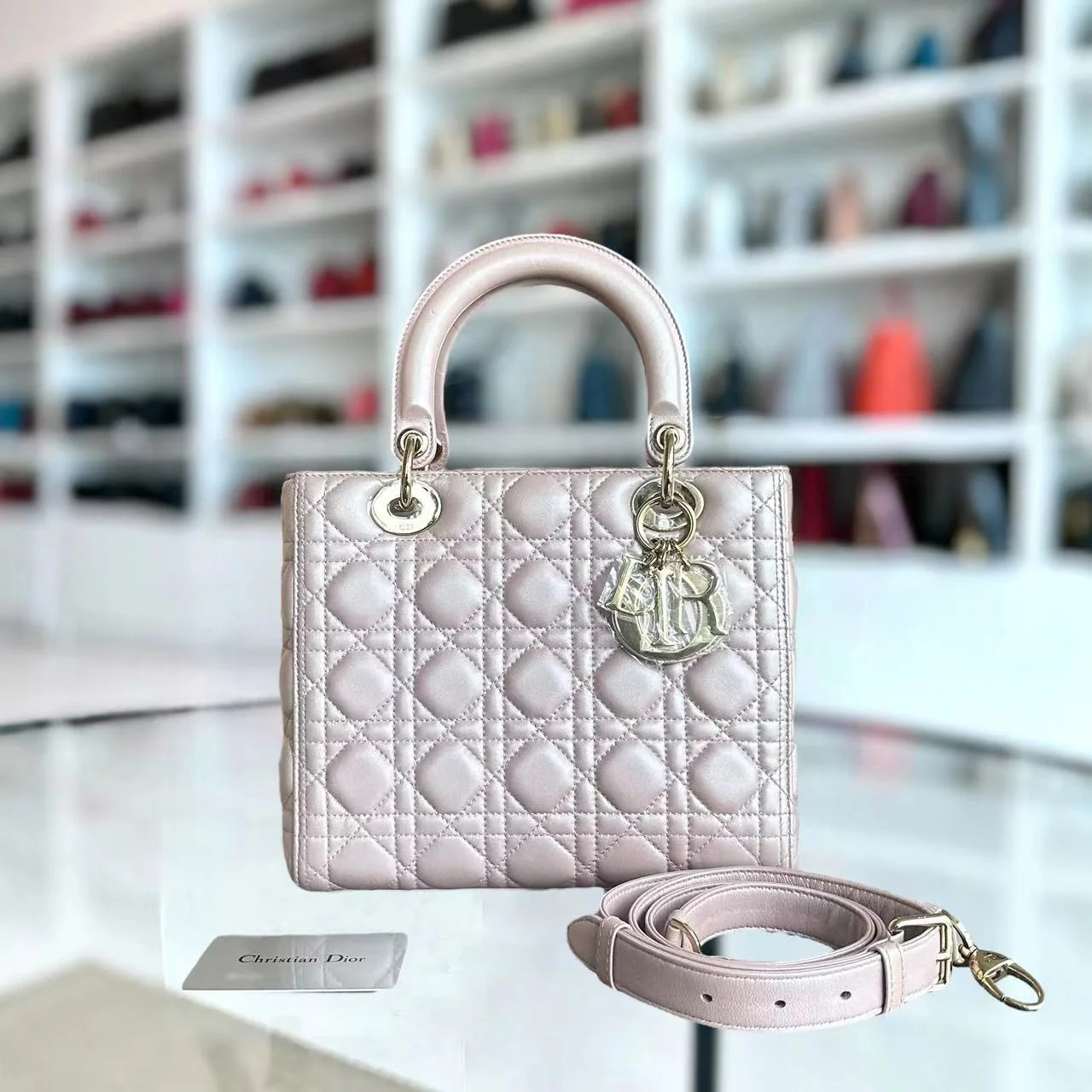 *Adjustable strap* Dior Lady Medium Cannage Lambskin Iridescent Sakura Pink GHW - Best Luxury Designers