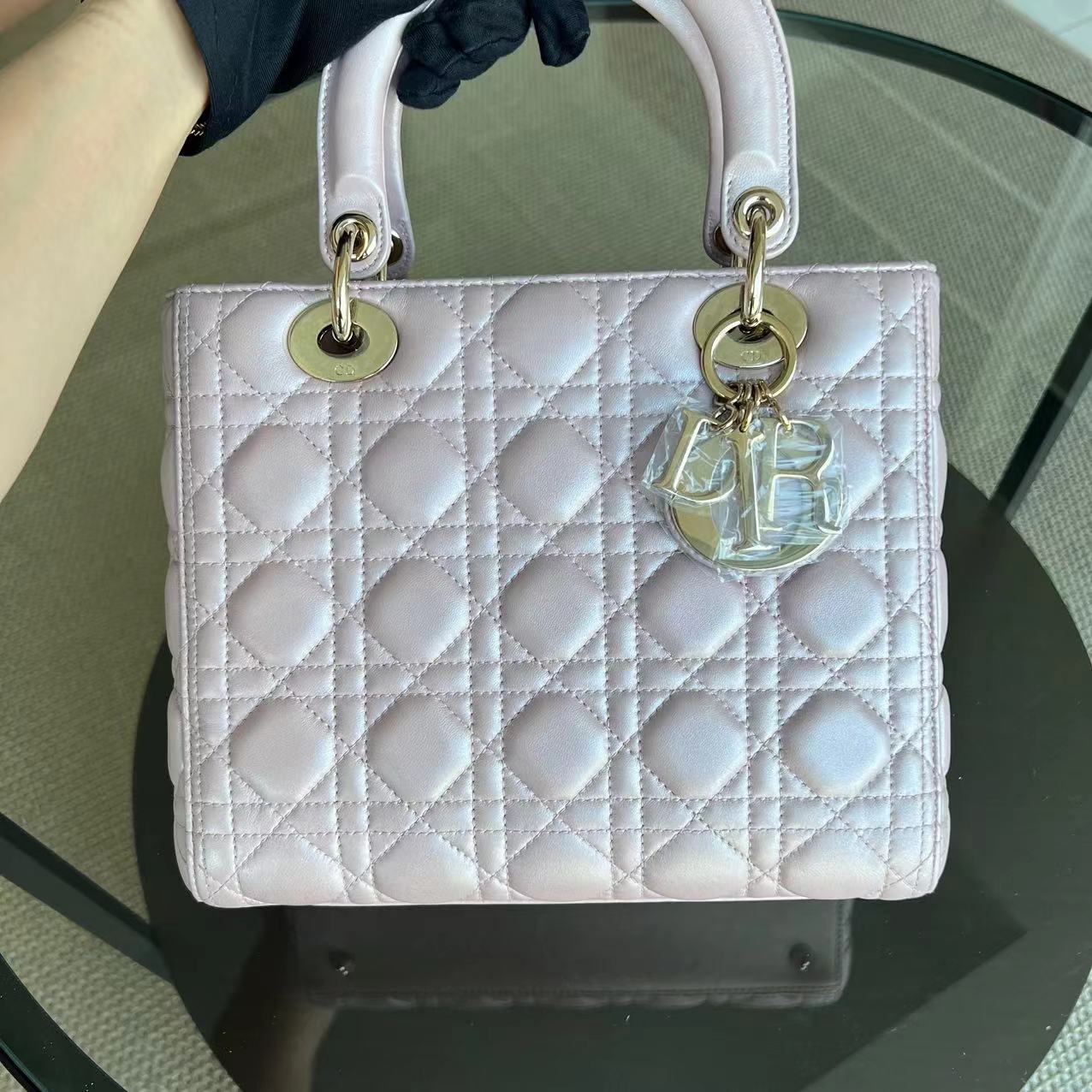 *Adjustable strap* Dior Lady Medium Cannage Lambskin Iridescent Sakura Pink GHW - Best Luxury Designers