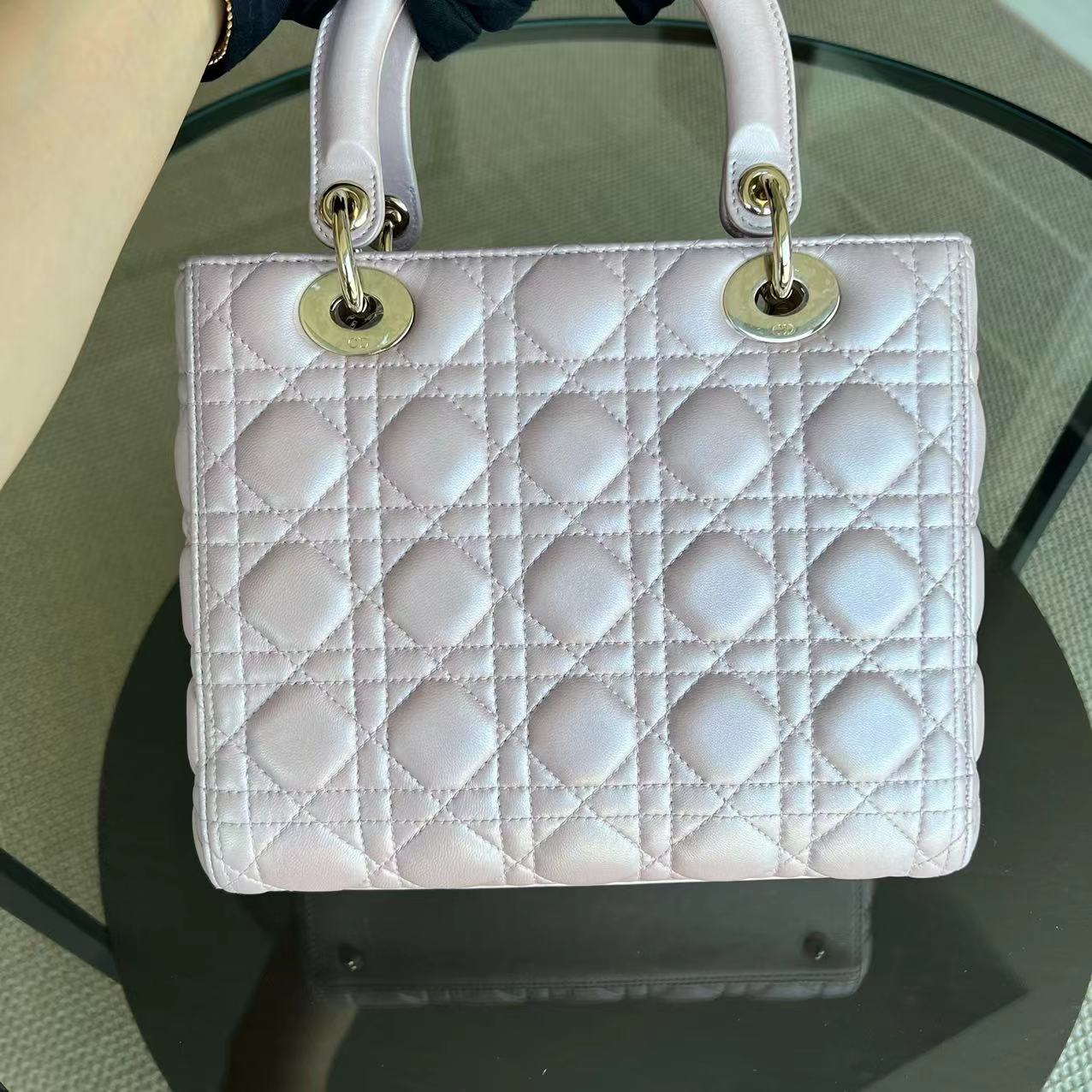 *Adjustable strap* Dior Lady Medium Cannage Lambskin Iridescent Sakura Pink GHW - Best Luxury Designers