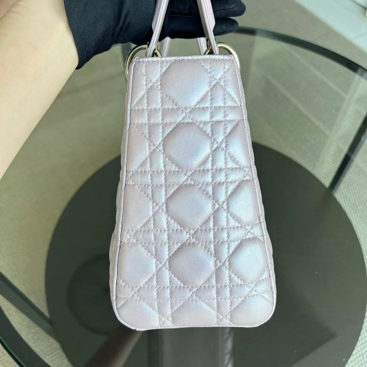 *Adjustable strap* Dior Lady Medium Cannage Lambskin Iridescent Sakura Pink GHW - Best Luxury Designers