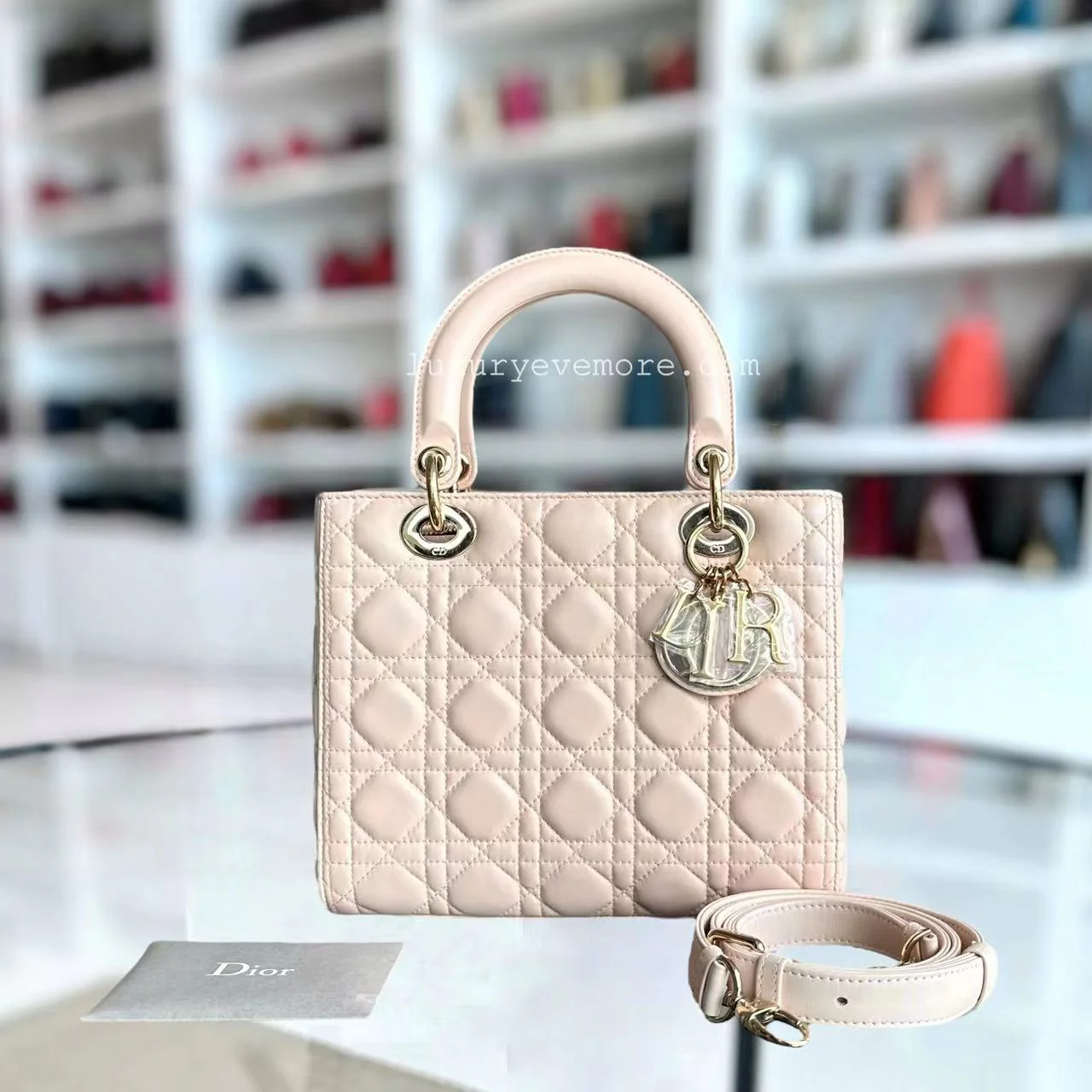 *Adjustable Strap* Dior Lady Medium Cannage Lambskin Sakura Pink Golden Hardware - Best Luxury Designers