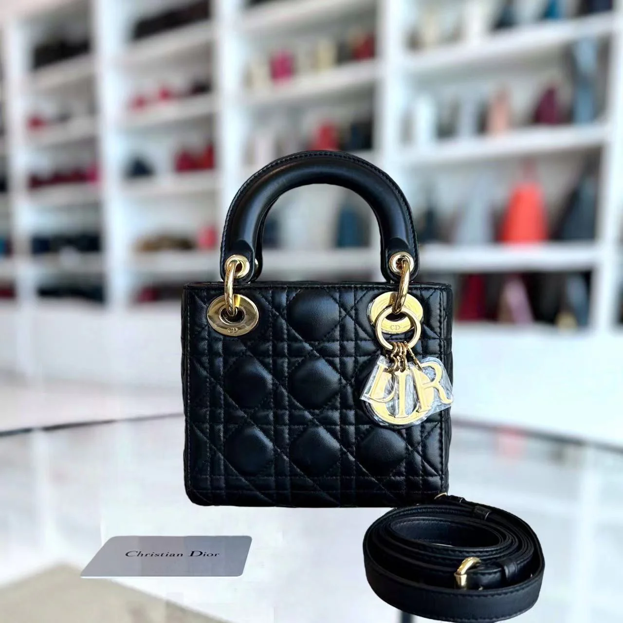 *Adjustable Strap* Dior Lady Mini Cannage Lambskin Black Golden Hardware - Best Luxury Designers