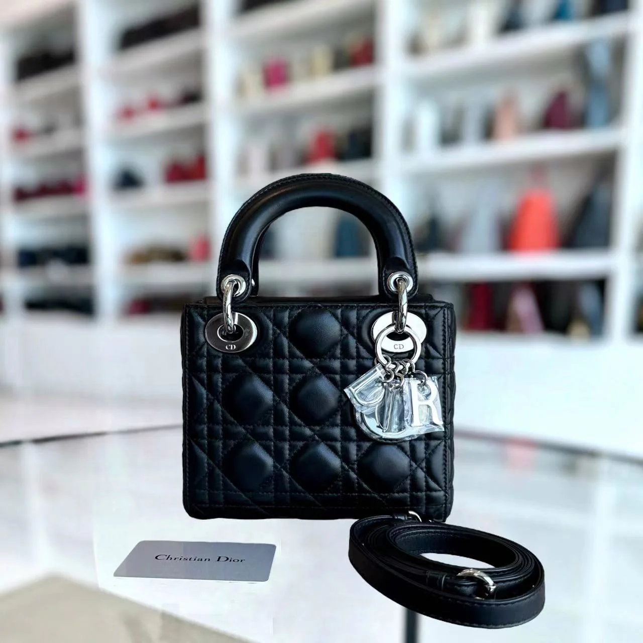 *Adjustable Strap* Dior Lady Mini Cannage Lambskin Black Silver Hardware - Best Luxury Designers