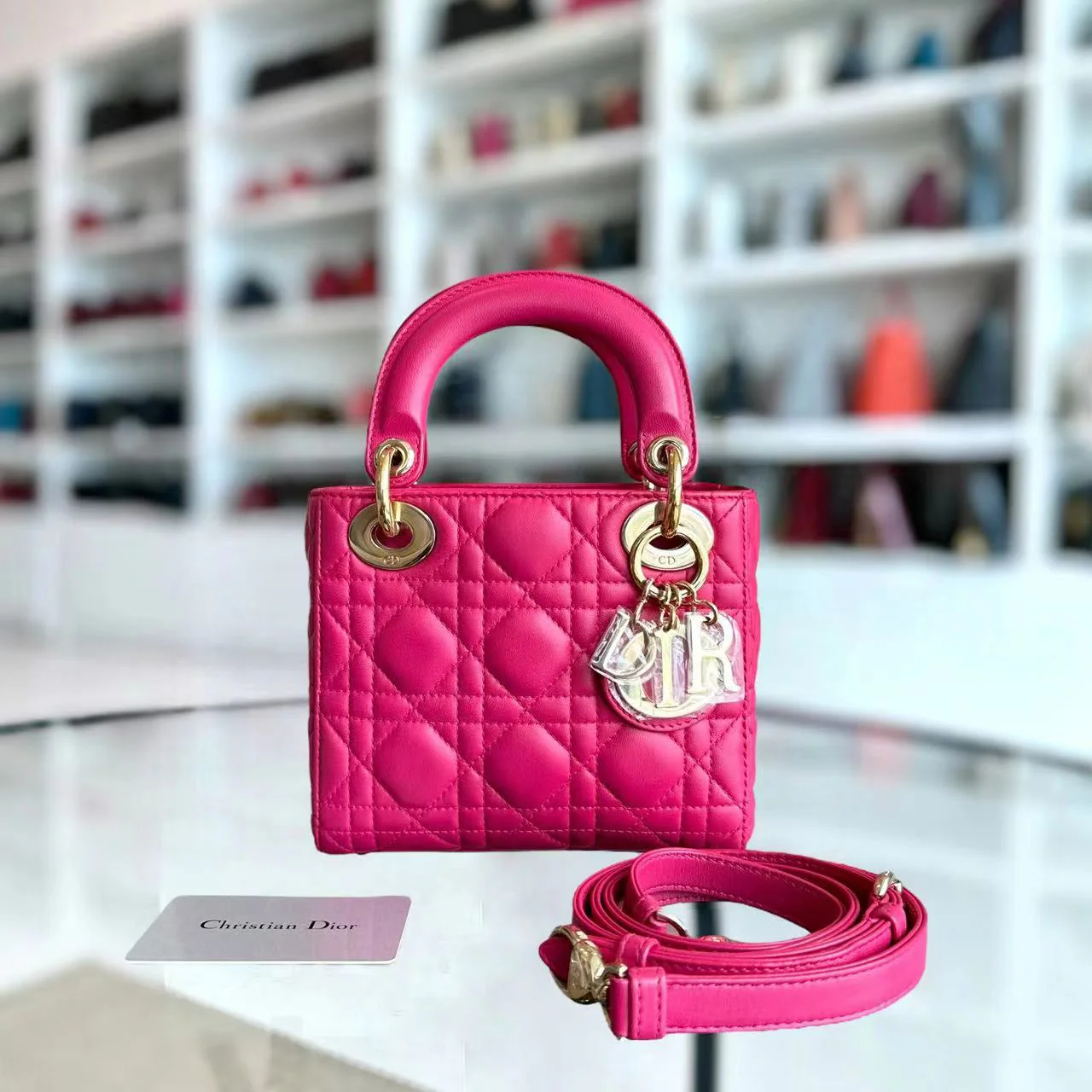 *Adjustable Strap* Dior Lady Mini Cannage Lambskin Hot Pink Golden Hardware - Best Luxury Designers