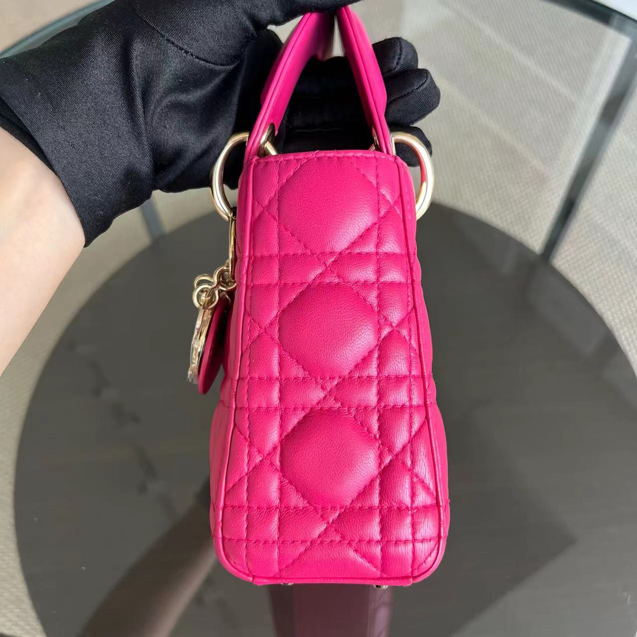 *Adjustable Strap* Dior Lady Mini Cannage Lambskin Hot Pink Golden Hardware - Best Luxury Designers