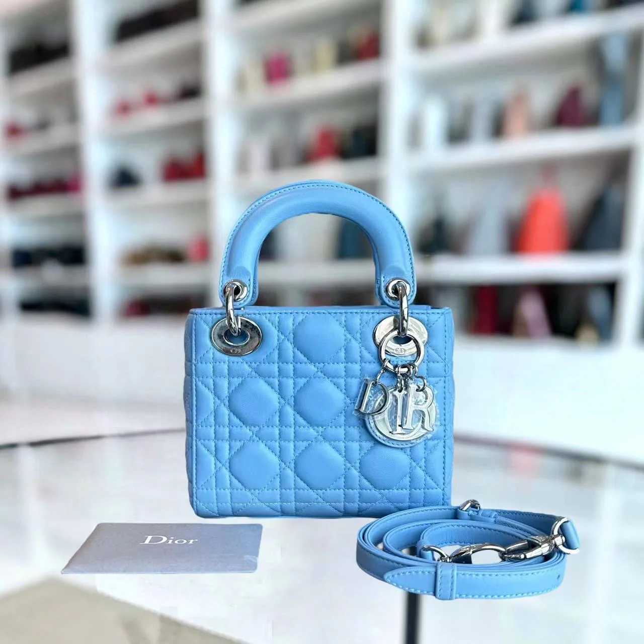 *Adjustable Strap* Dior Lady Mini Cannage Lambskin Sky Blue Silver Hardware - Best Luxury Designers