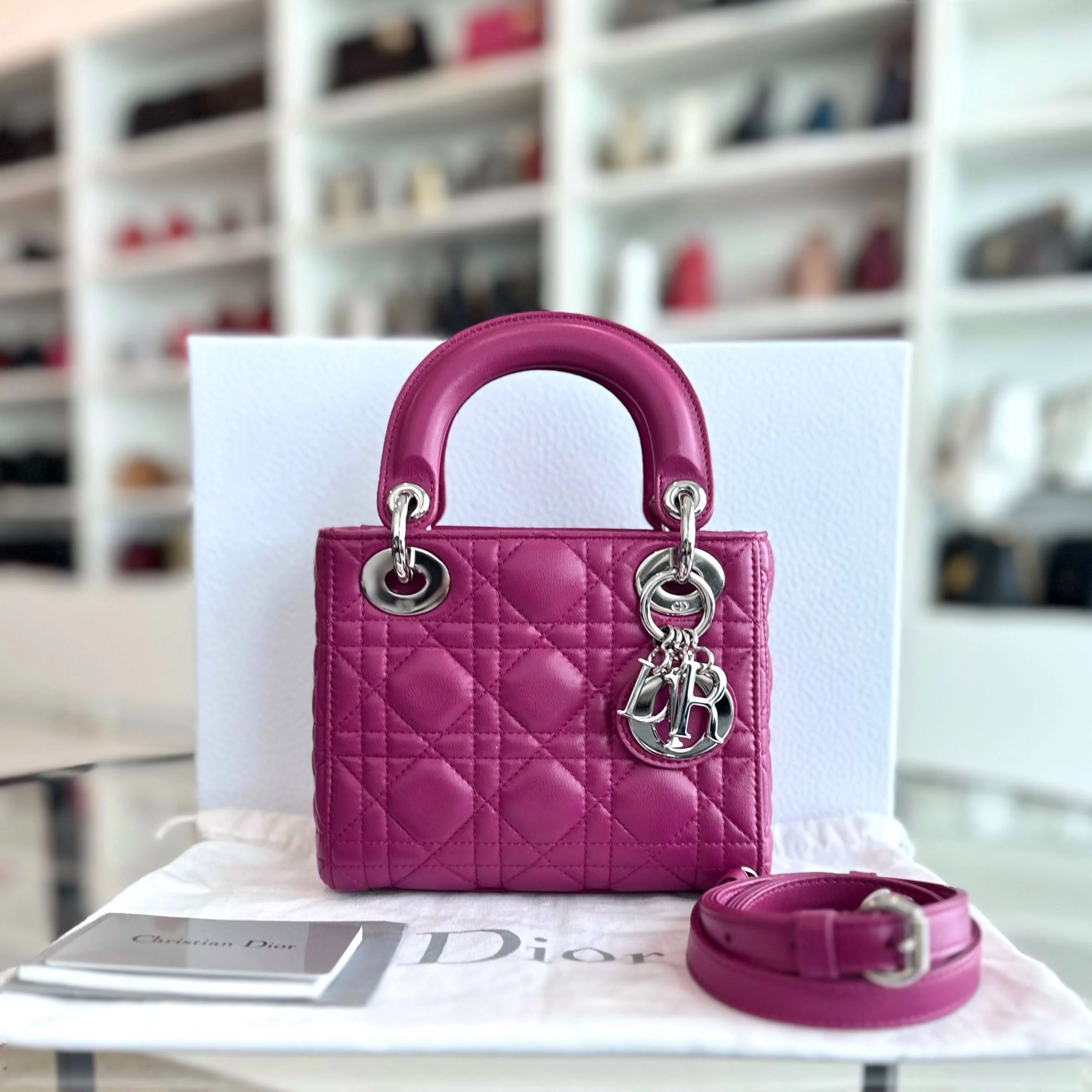 *Adjustable strap* Dior Lady Mini Lambskin Flap Cannage Purple SHW - Best Luxury Designers