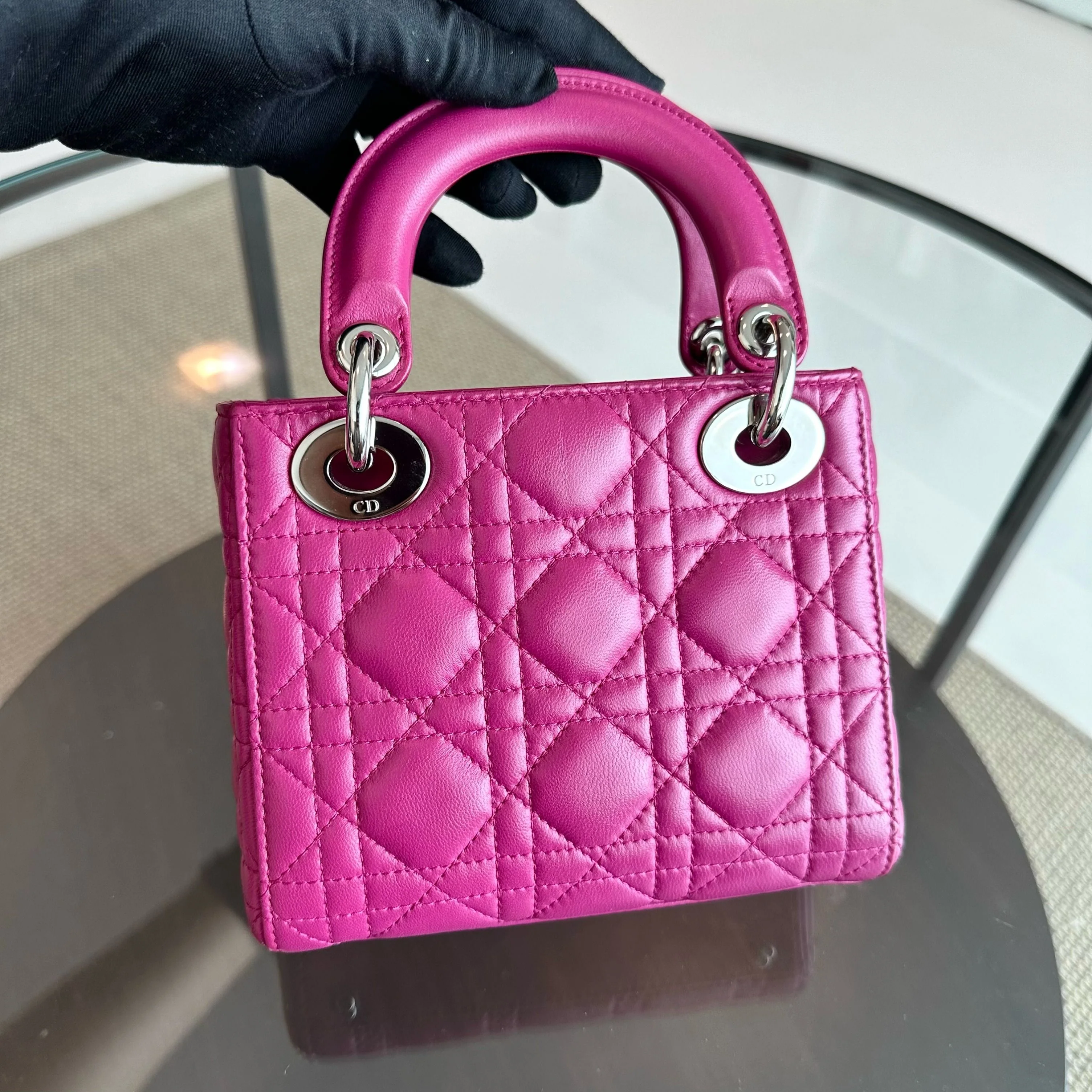 *Adjustable strap* Dior Lady Mini Lambskin Flap Cannage Purple SHW - Best Luxury Designers
