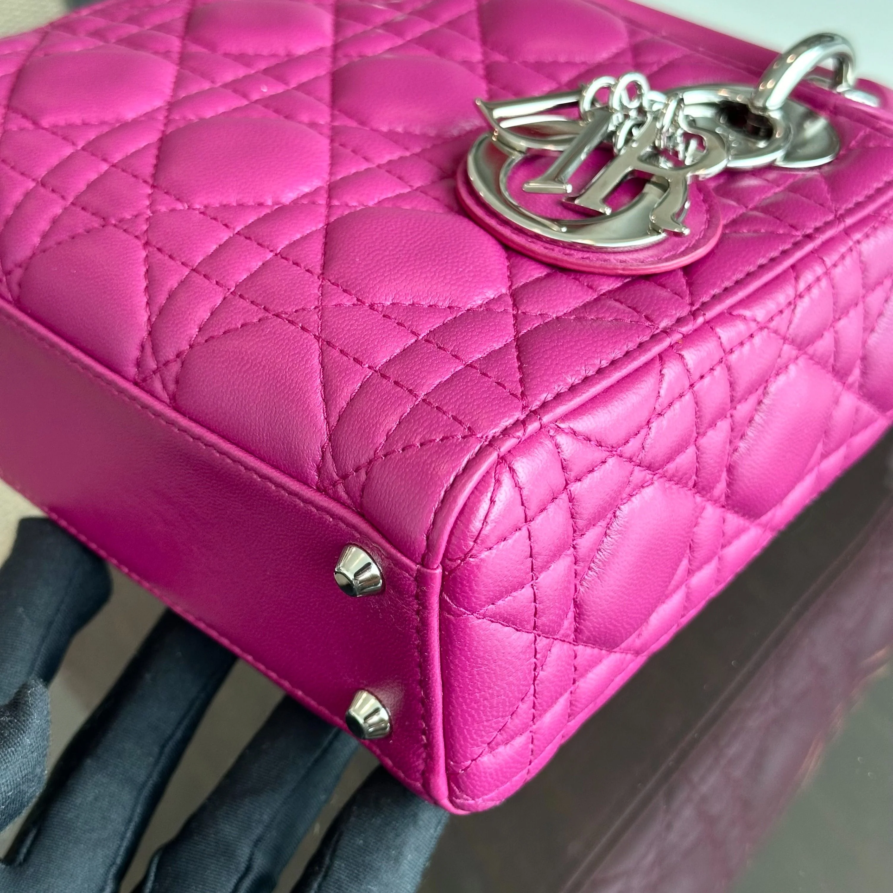 *Adjustable strap* Dior Lady Mini Lambskin Flap Cannage Purple SHW - Best Luxury Designers