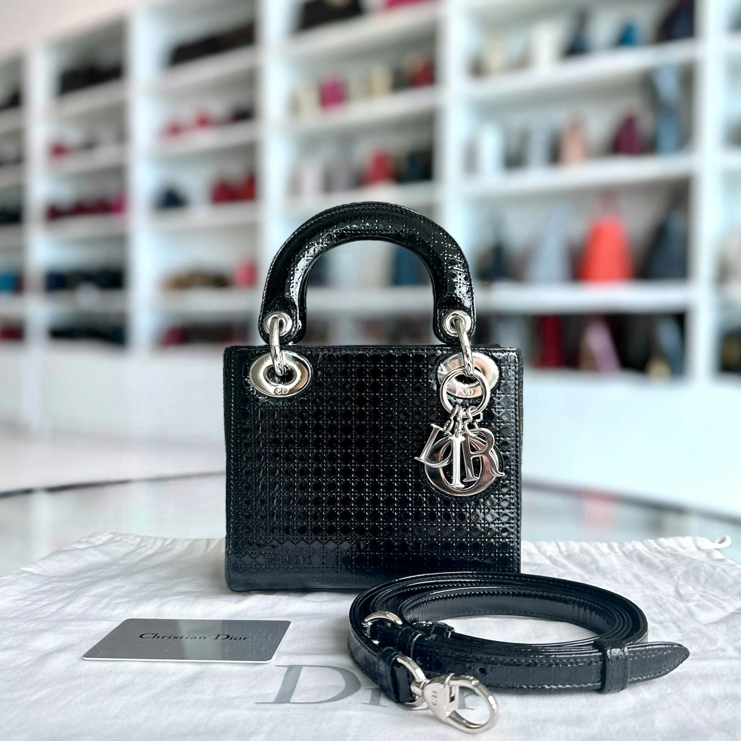 *Adjustable strap* Dior Lady Mini Micro-Cannage Glazed Calfskin Leather Black SHW - Best Luxury Designers