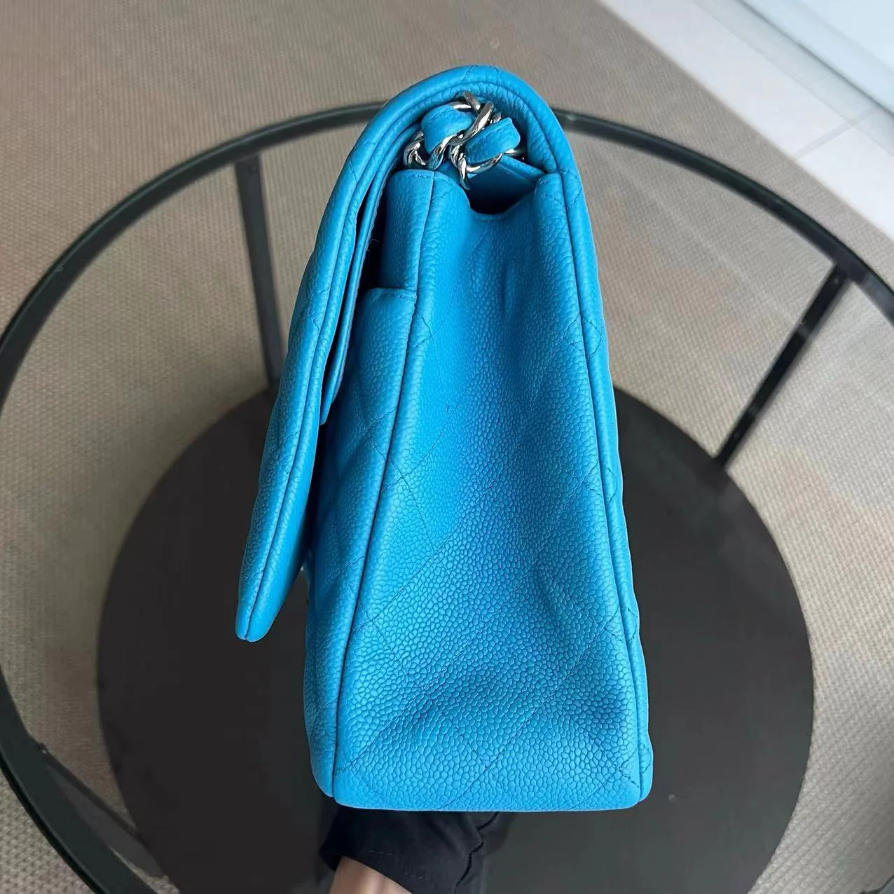 BALANCE of Maxi Classic Flap Caviar Double Flap Quilted Grained Calfskin Blue Silver Hardware Series 17