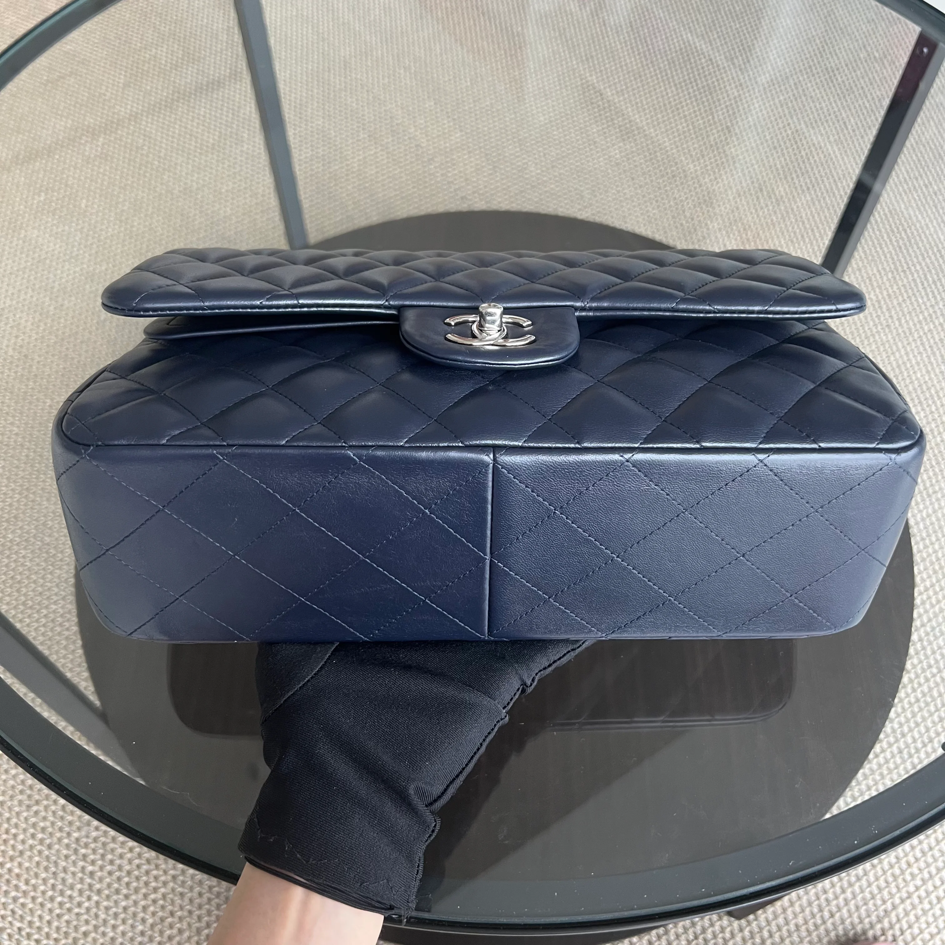 Chanel Classic Flap Jumbo - Double Flap Lambskin 30CM Quilted Dark Navy Blue Silver Hardware Series 23