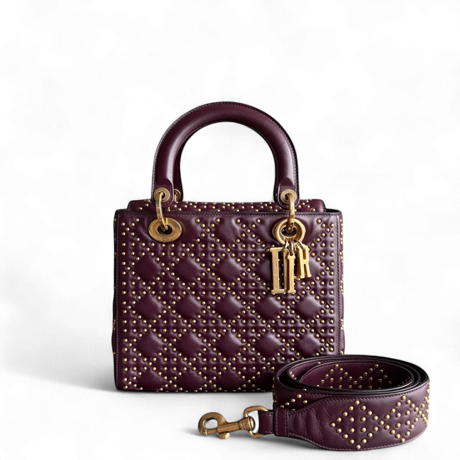 Dior Lady Medium Flap - Studded Cannage Calfskin Burgundy Red Gold Hardware