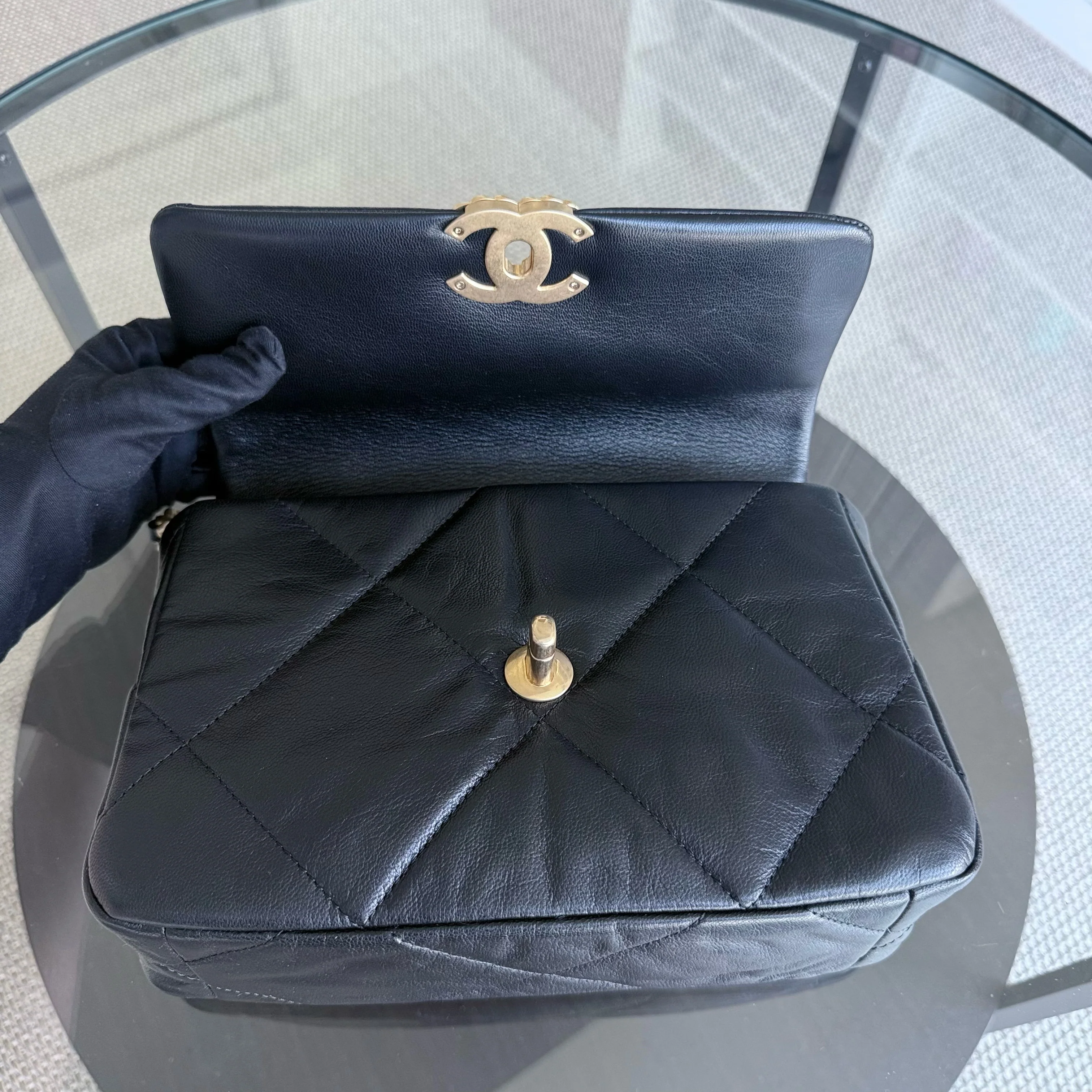 Chanel 19Bag C19 Small - Quilted Goatskin Black Gold Two-tone Hardware Series 30