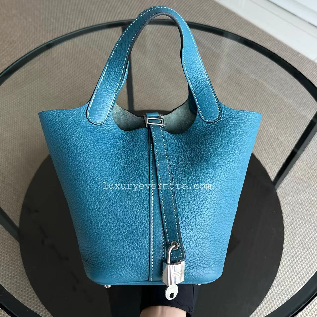 Hermes Picotin 18 - Blue Jean Mauve Pale Square R TC Clemence Silver Hardware