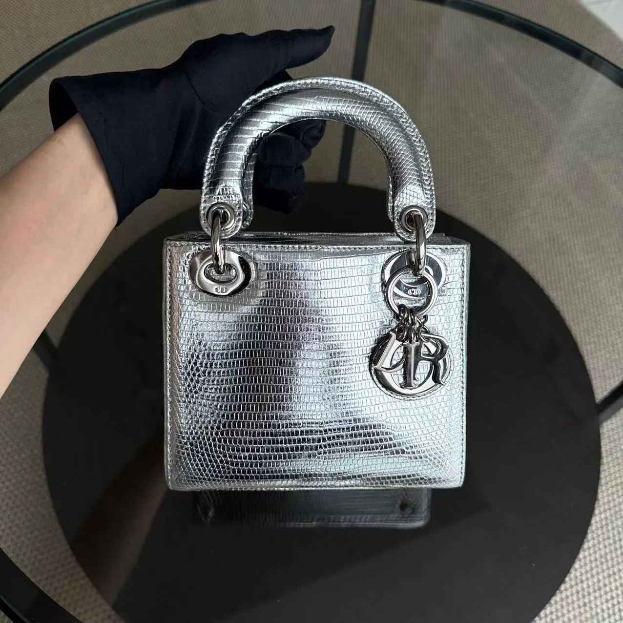 *Rare* Dior Lady Mini - Lizard Silver Metallic Limited Edition Chain Strap Silver Hardware