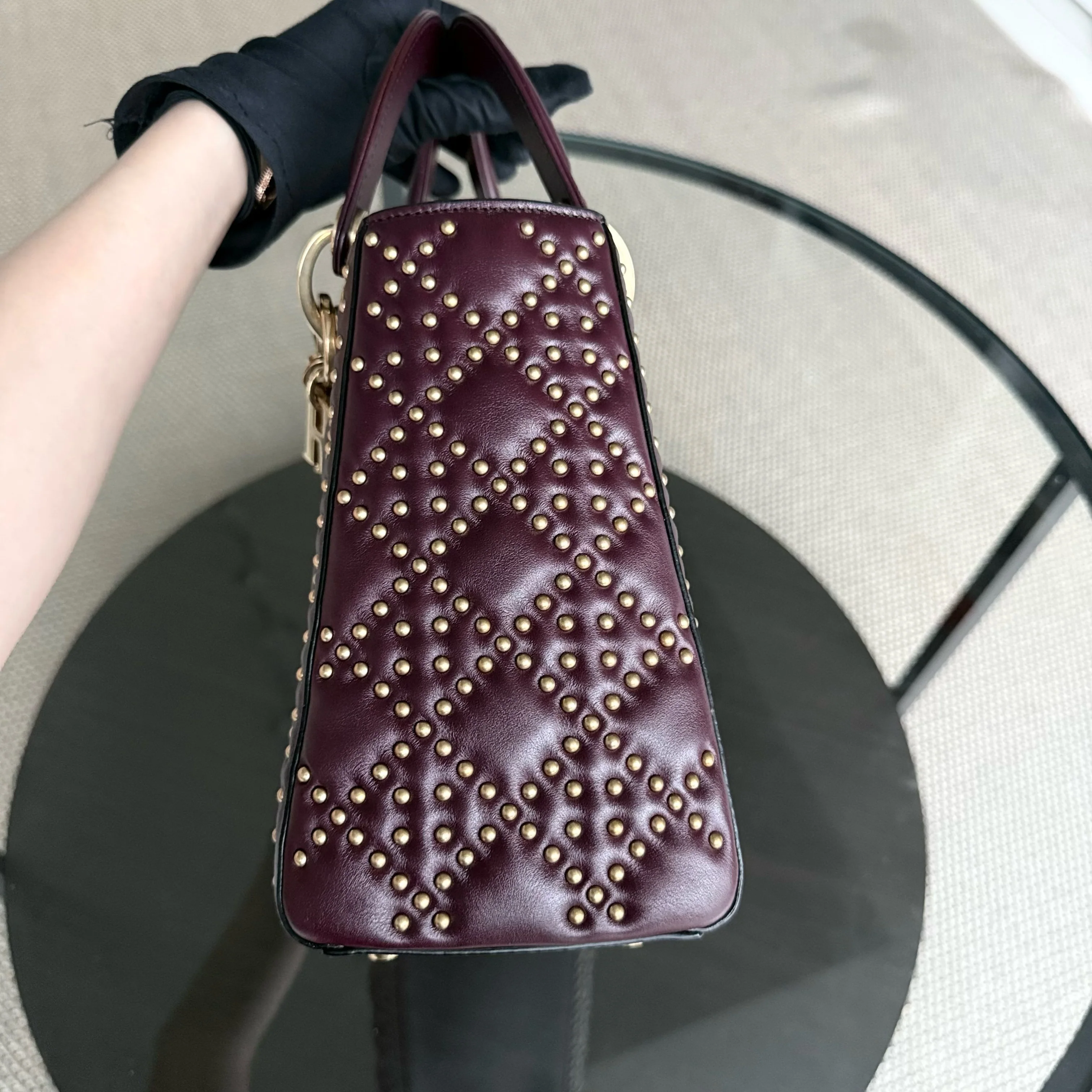 Dior Lady Medium Flap - Studded Cannage Calfskin Burgundy Red Gold Hardware