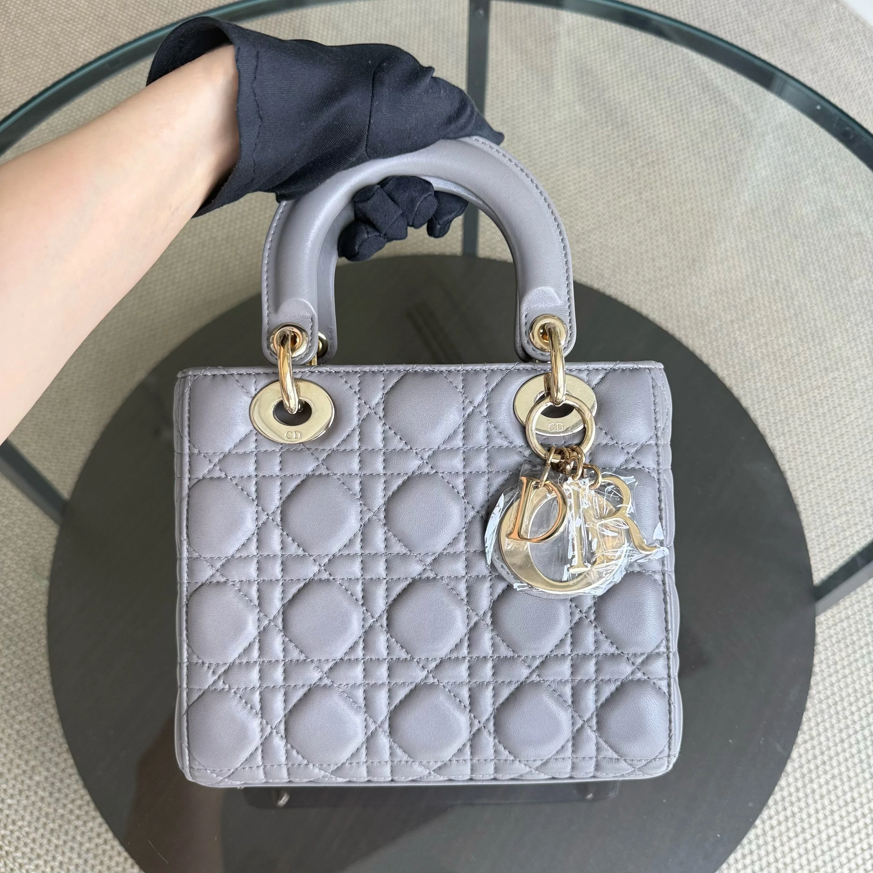 Dior Lady Small - Cannage Lambskin Grey Gray Gold Hardware